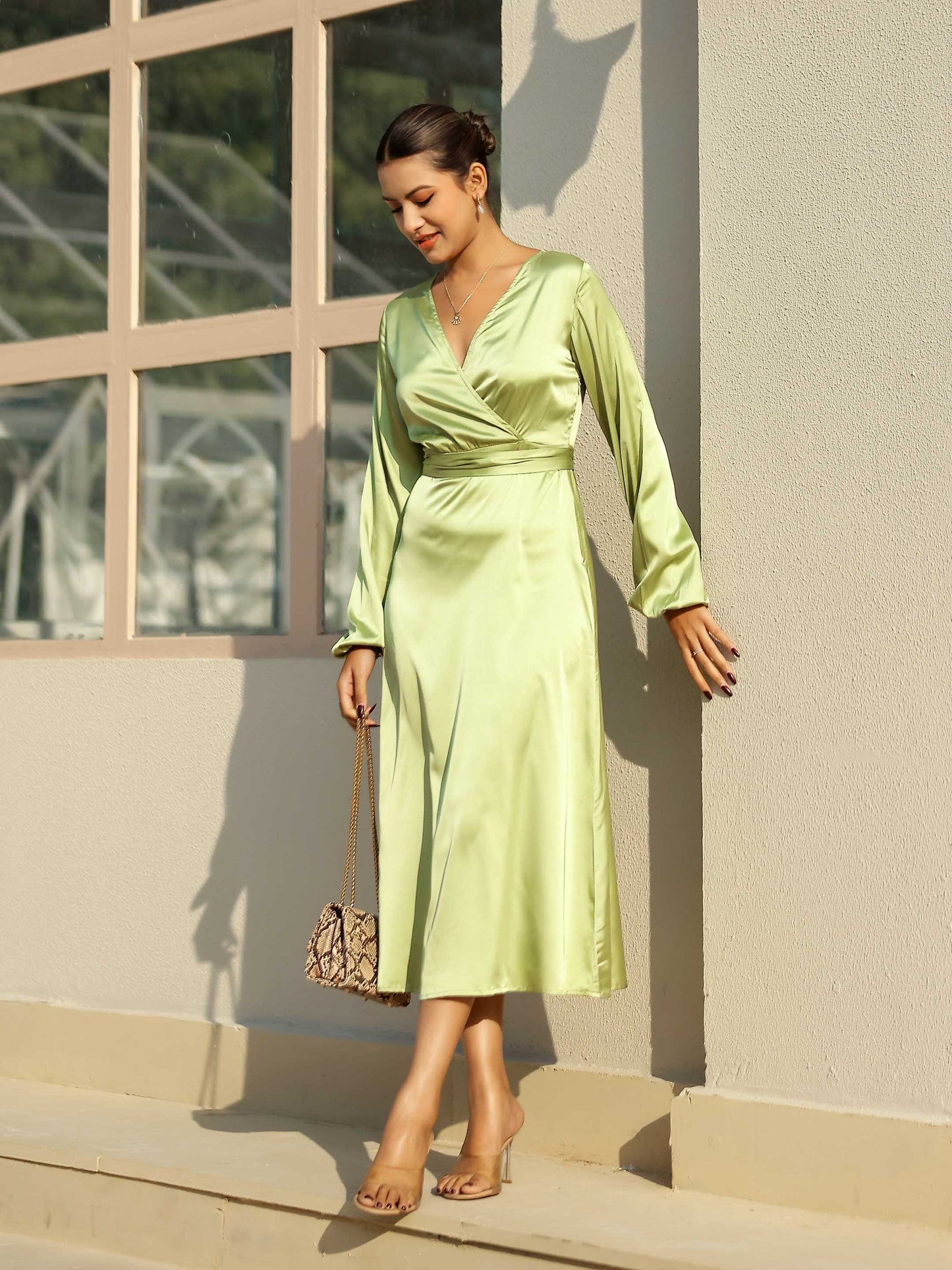 Pistachio Green Satin Long Sleeve Maxi Dress