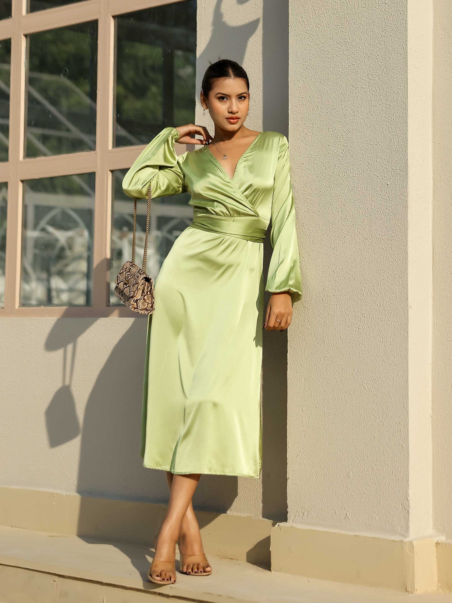 Pistachio Green Satin Long Sleeve Maxi Dress