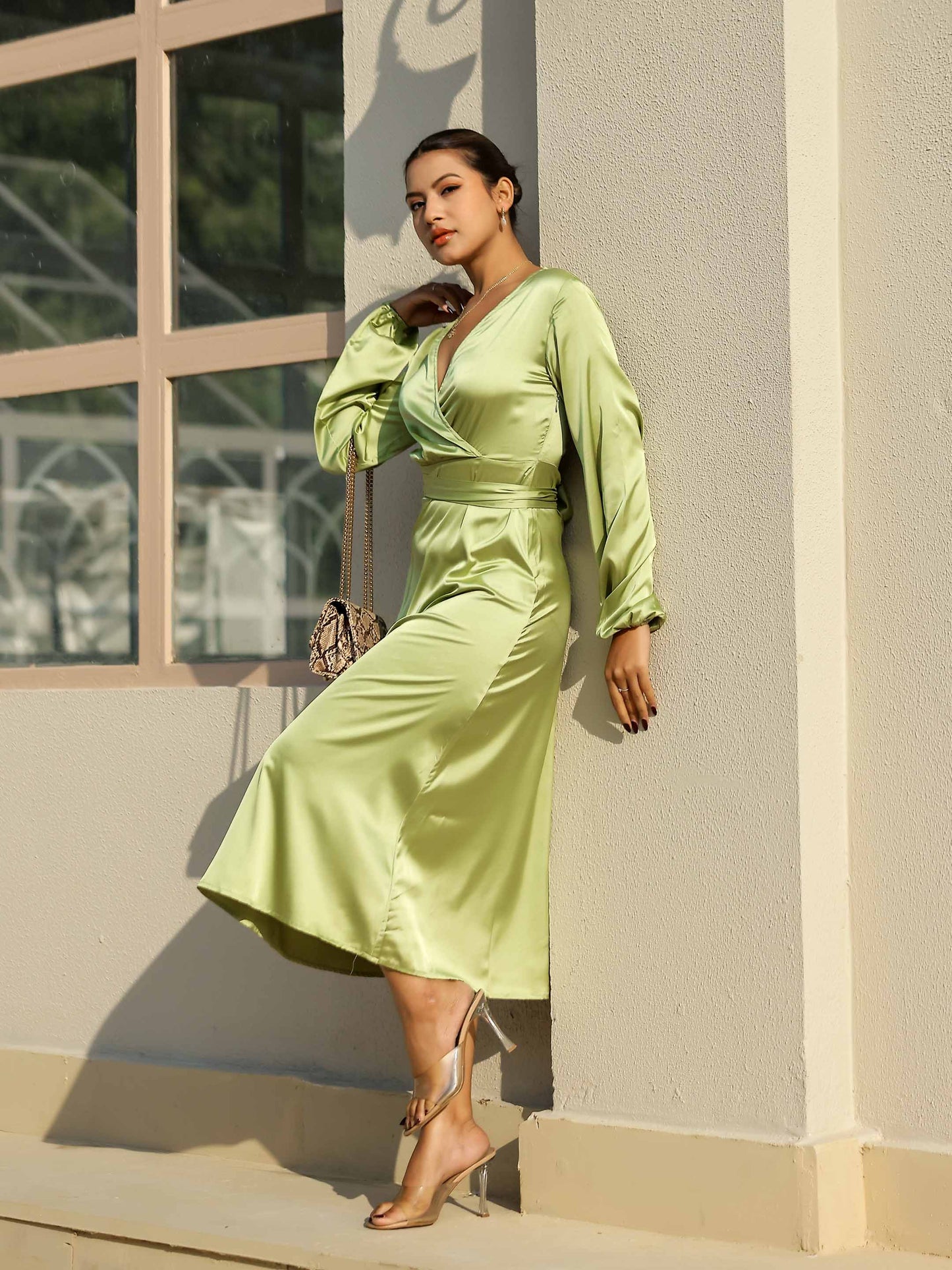 Pistachio Green Satin Long Sleeve Maxi Dress