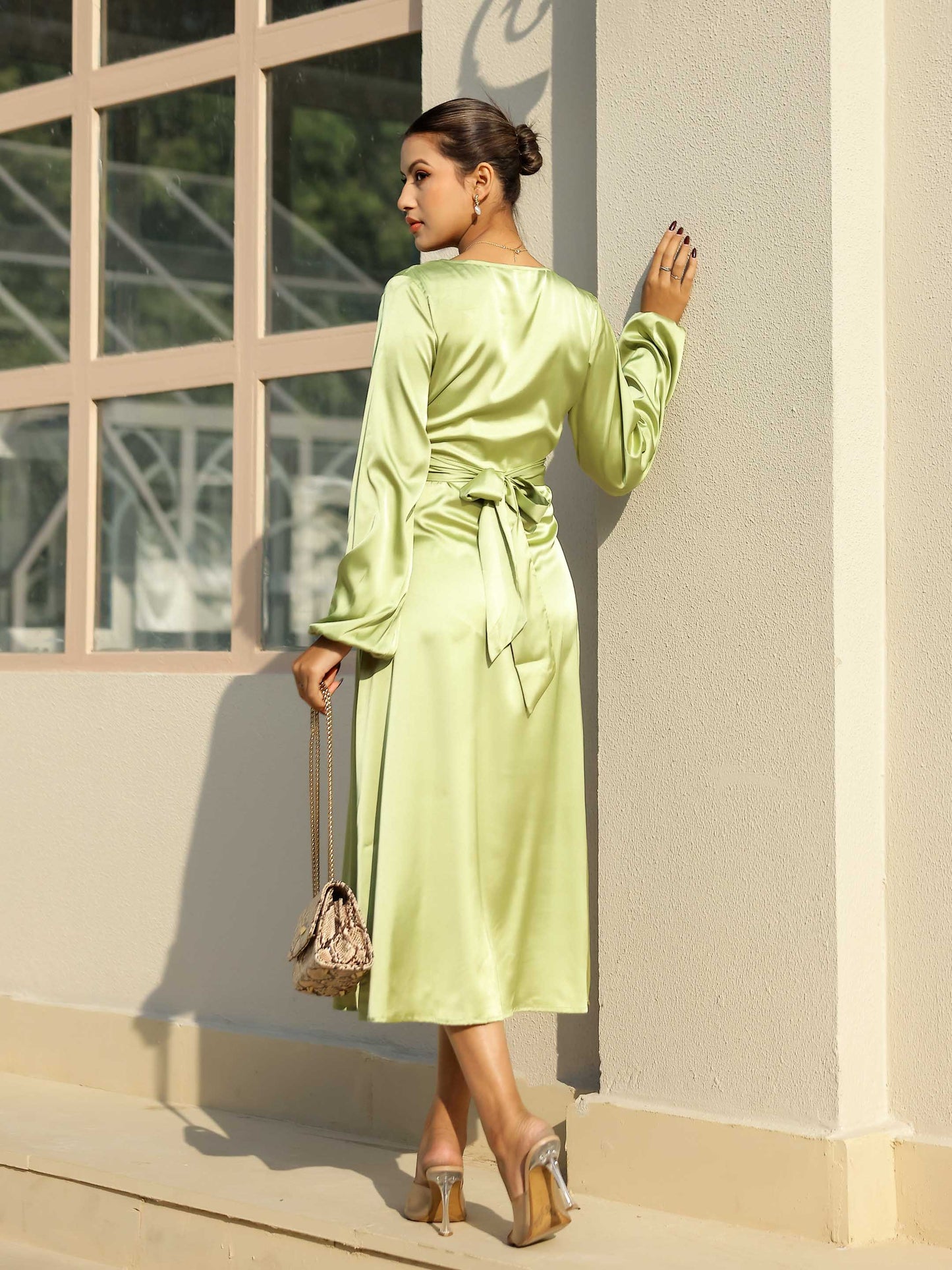 Pistachio Green Satin Long Sleeve Maxi Dress