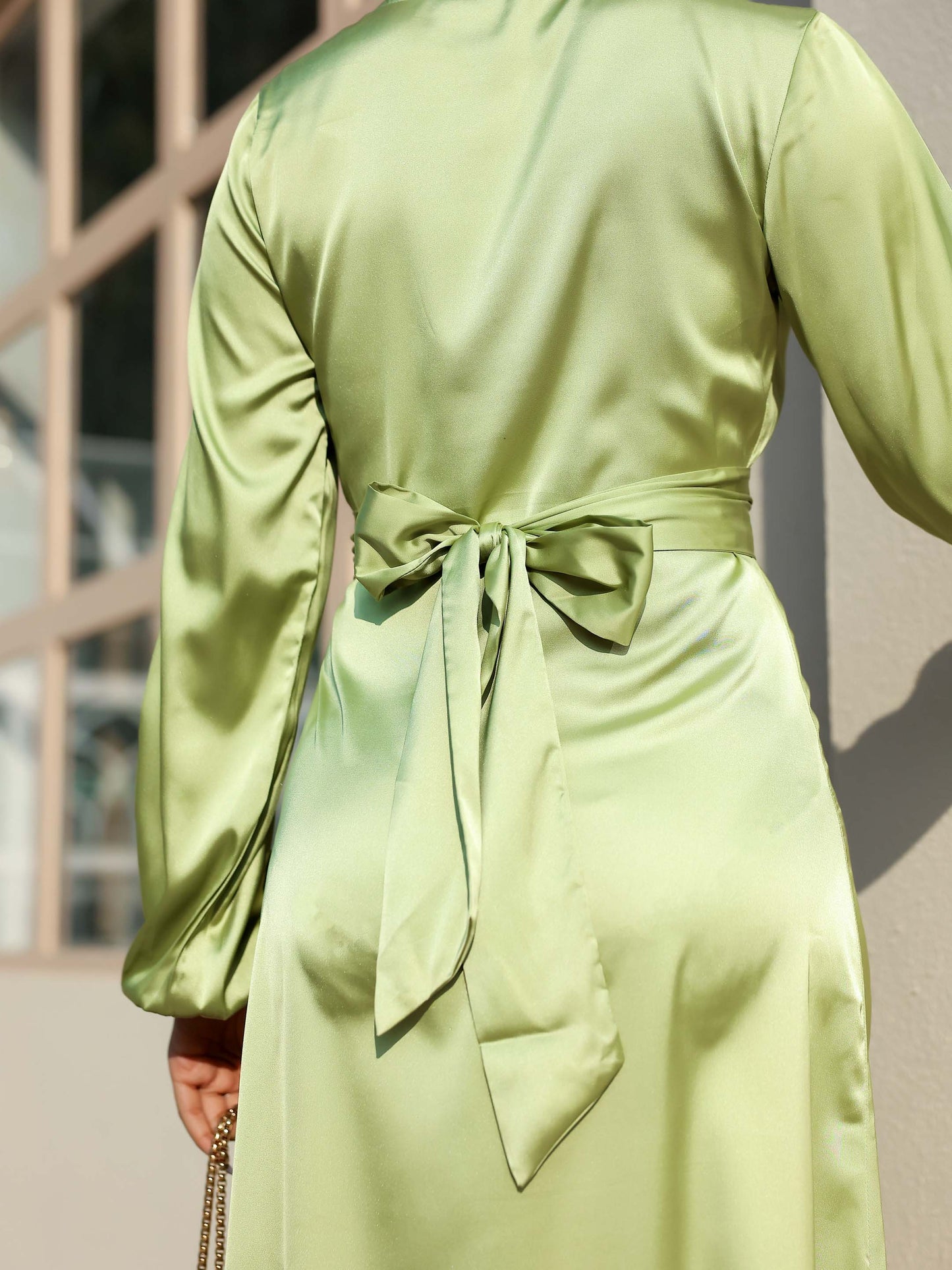 Pistachio Green Satin Long Sleeve Maxi Dress