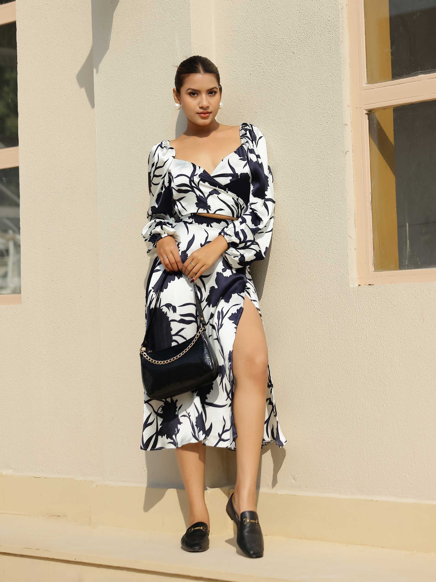 White Printed Wrap Around Full Sleeve Crop Top & Slit Skirt