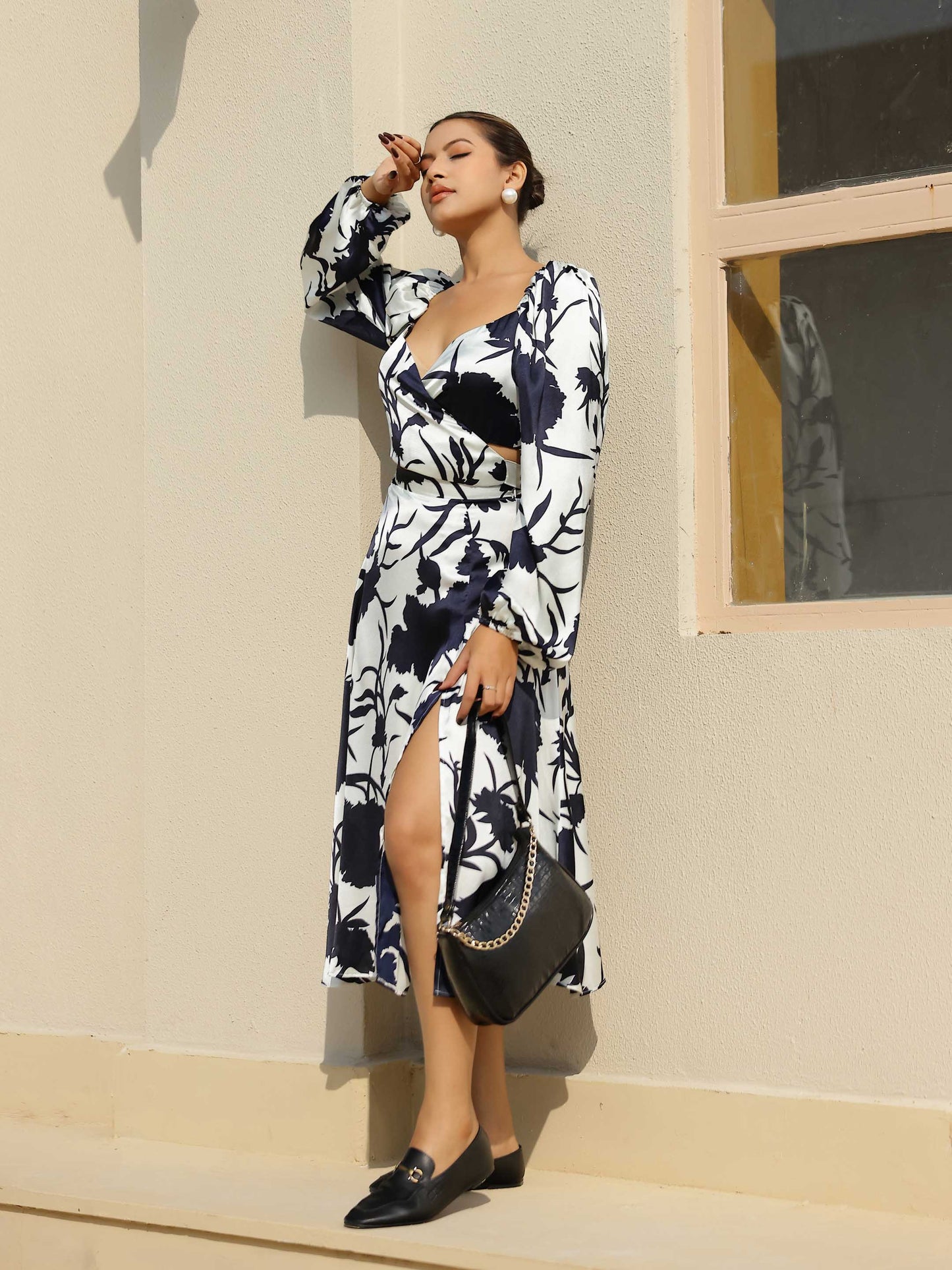 White Printed Wrap Around Full Sleeve Crop Top & Slit Skirt