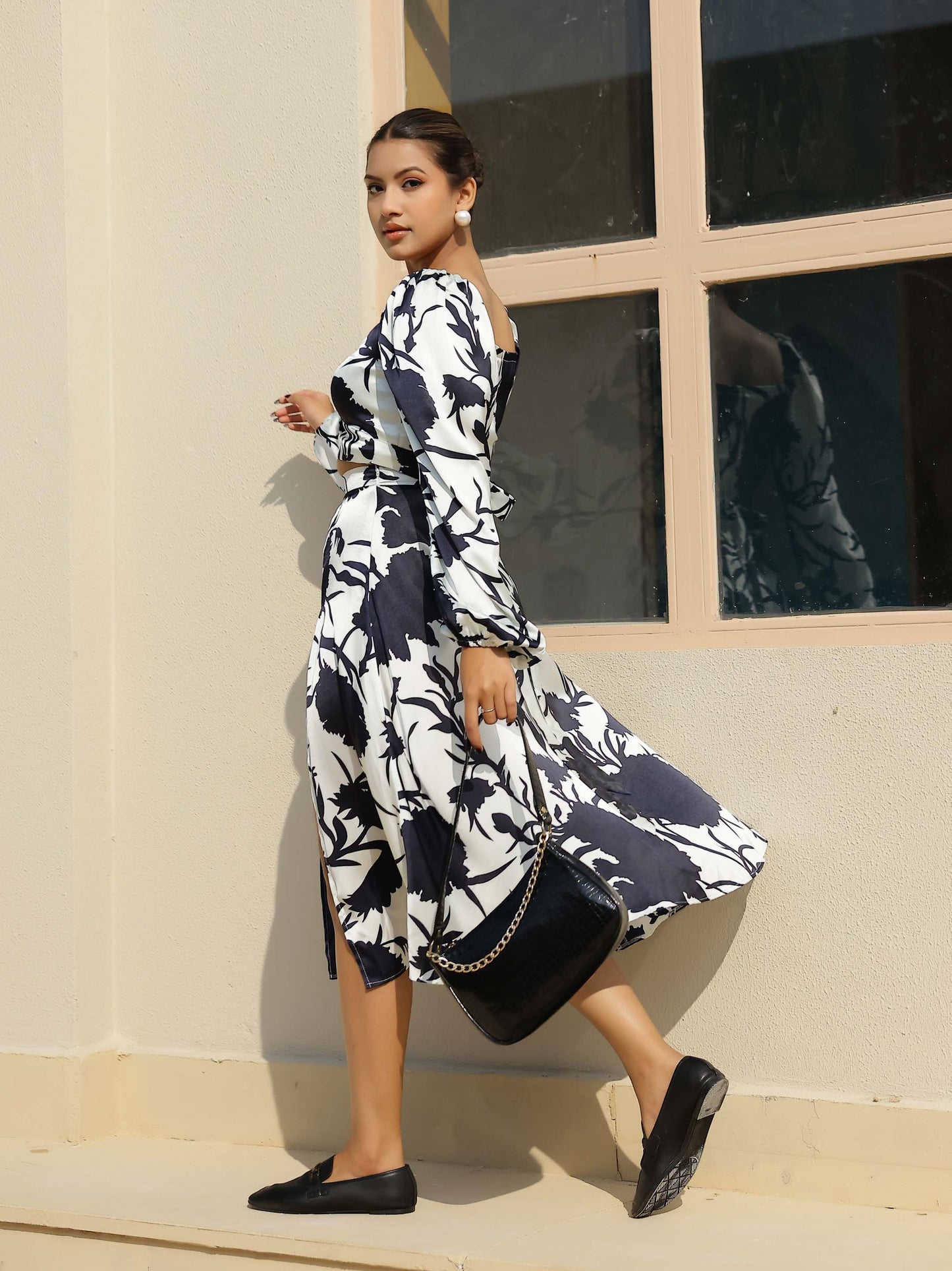 White Printed Wrap Around Full Sleeve Crop Top & Slit Skirt