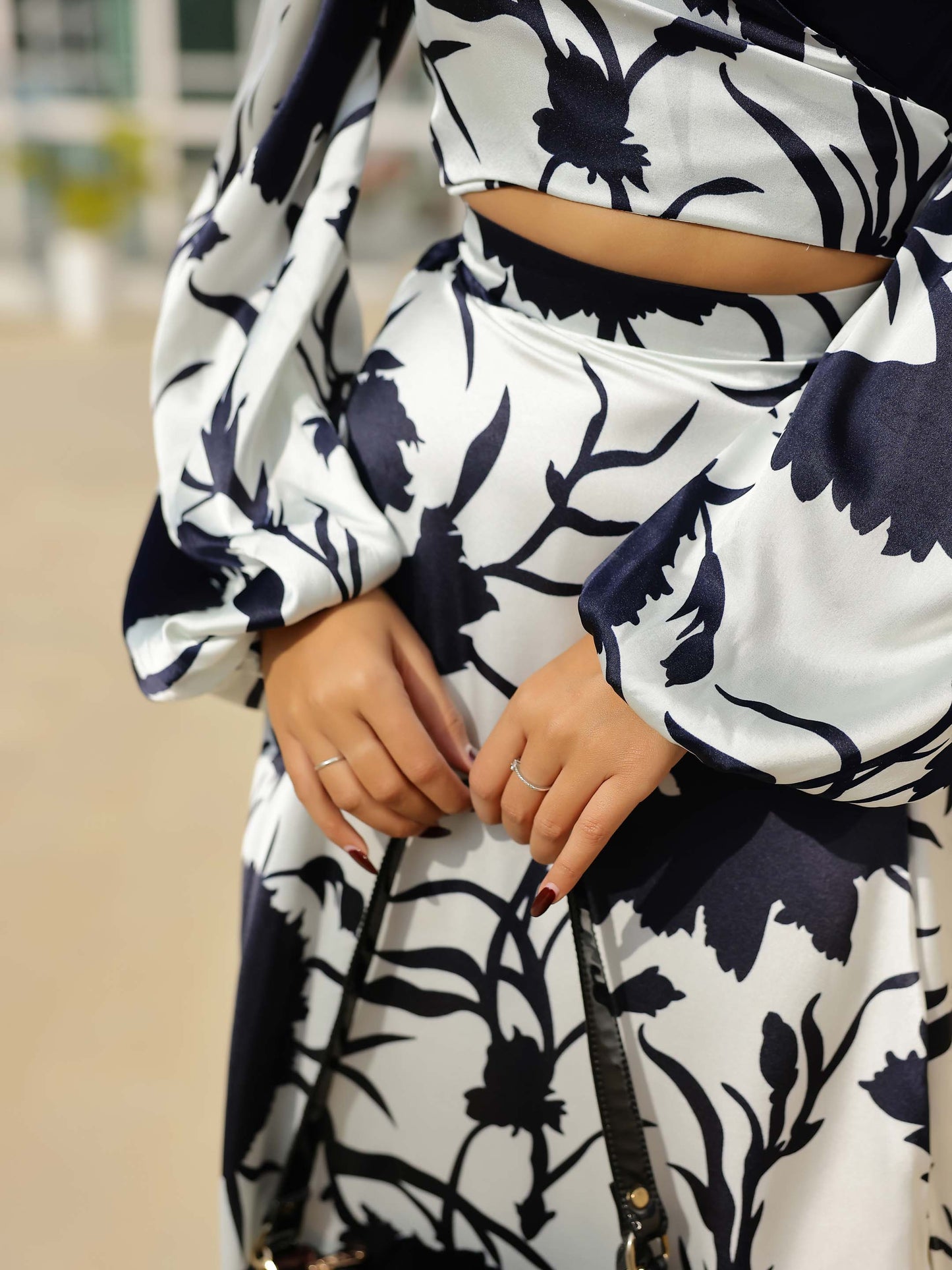 White Printed Wrap Around Full Sleeve Crop Top & Slit Skirt