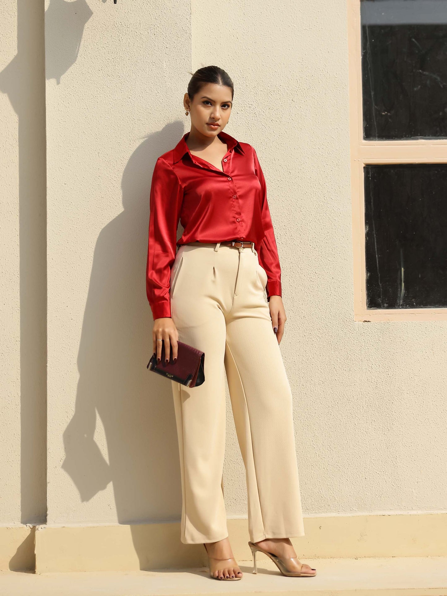 Red Satin Full Sleeves Cuffed Shirt