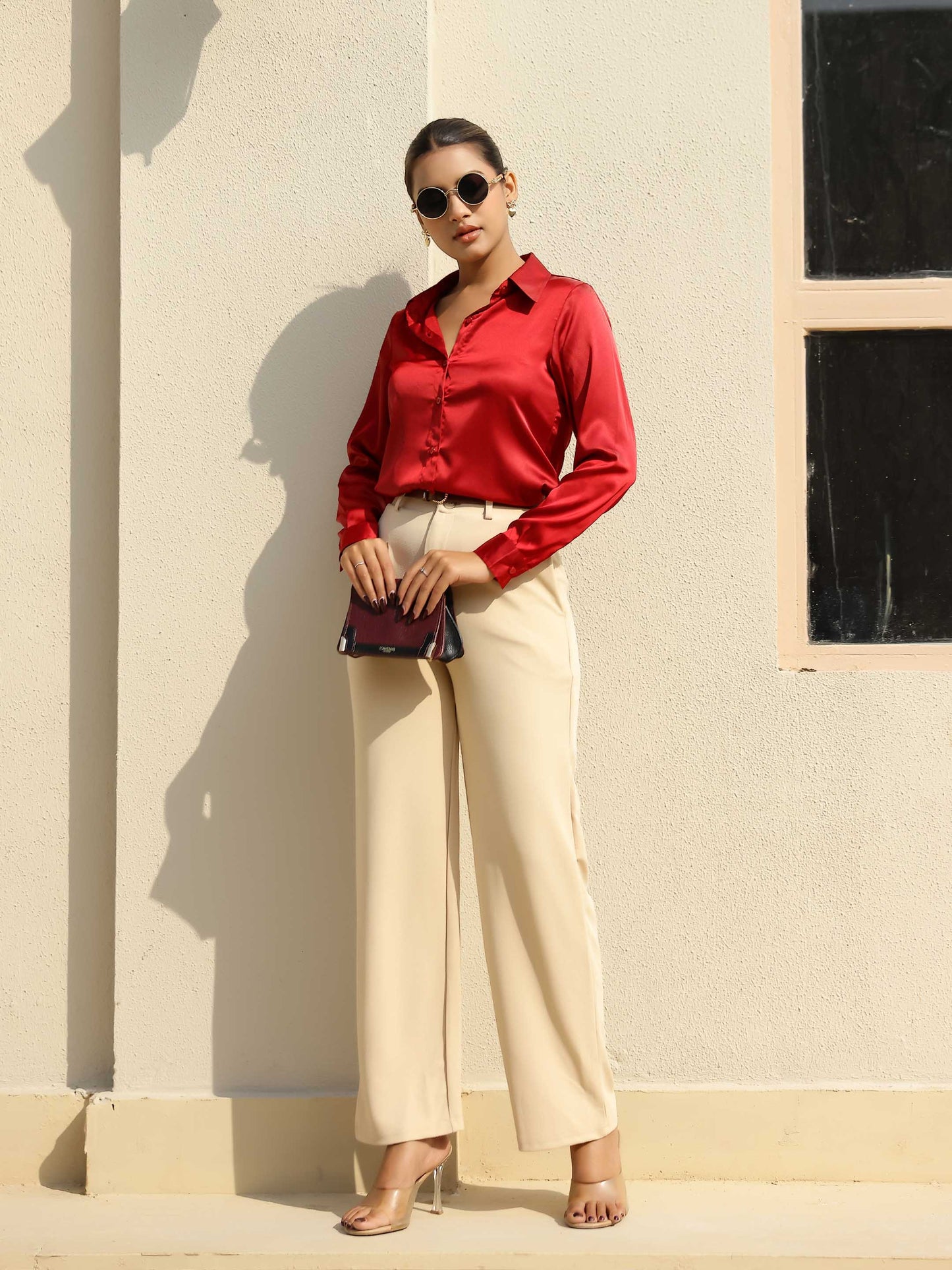 Red Satin Full Sleeves Cuffed Shirt