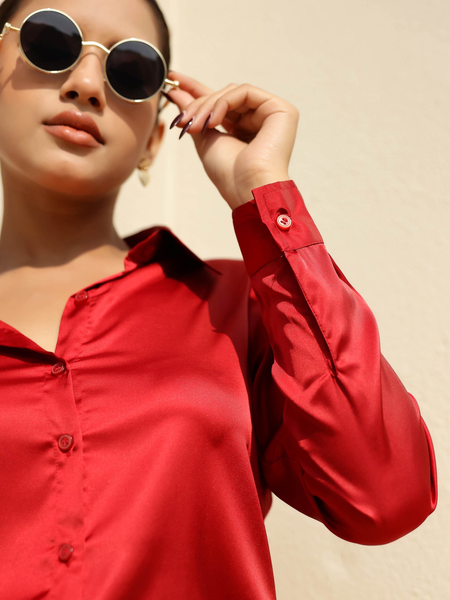Red Satin Full Sleeves Cuffed Shirt