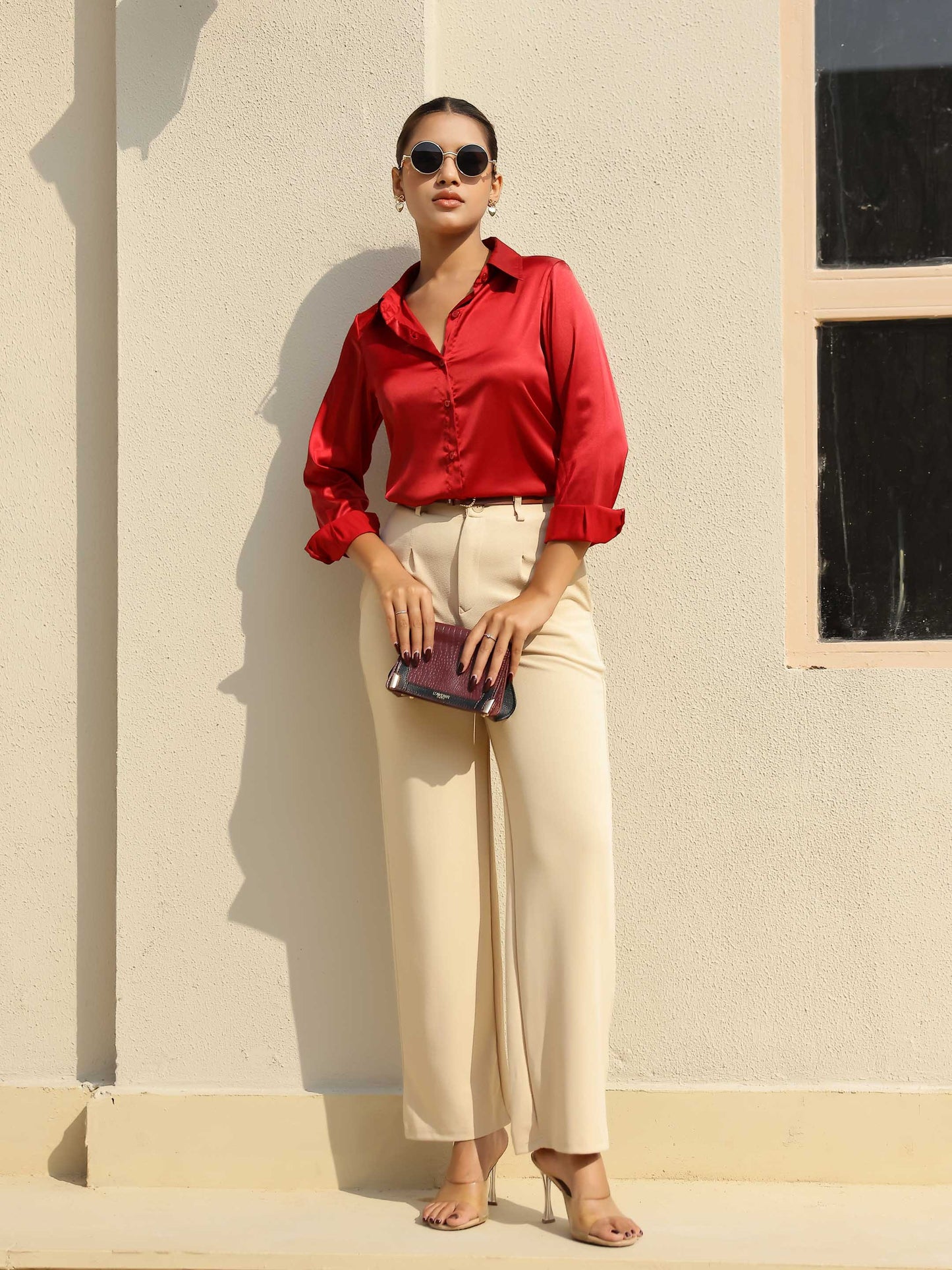 Red Satin Full Sleeves Cuffed Shirt