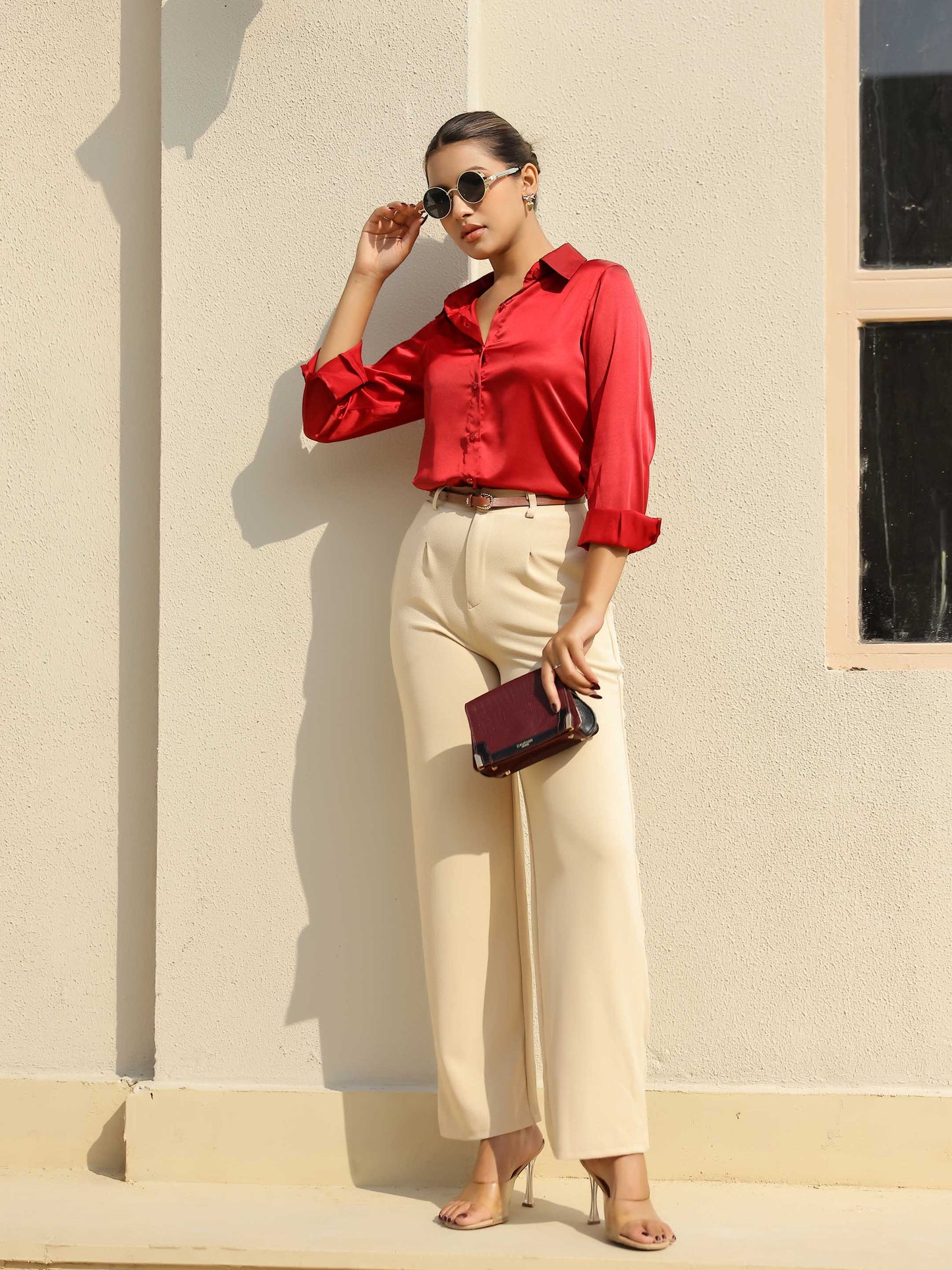 Red Satin Full Sleeves Cuffed Shirt