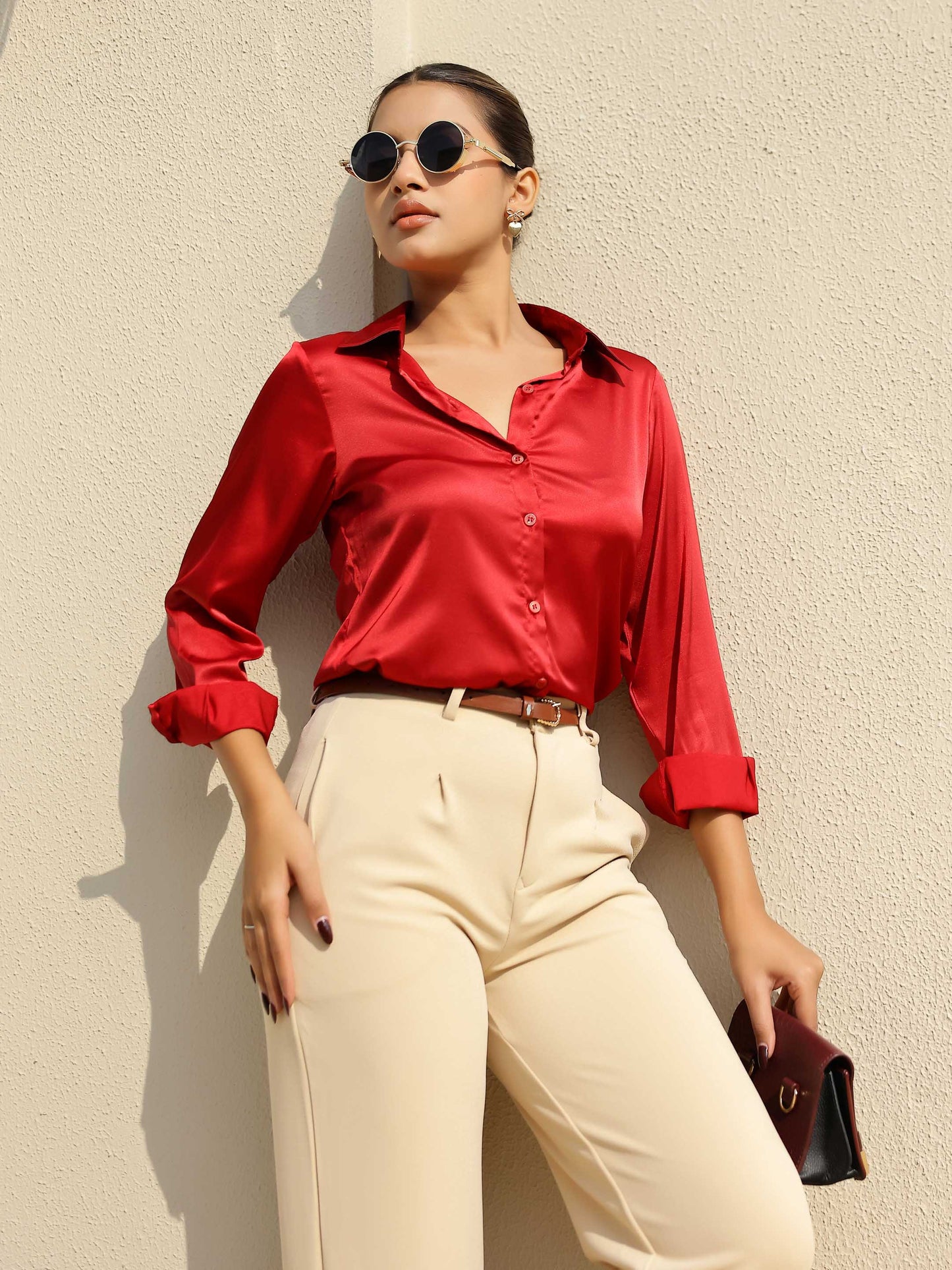 Red Satin Full Sleeves Cuffed Shirt