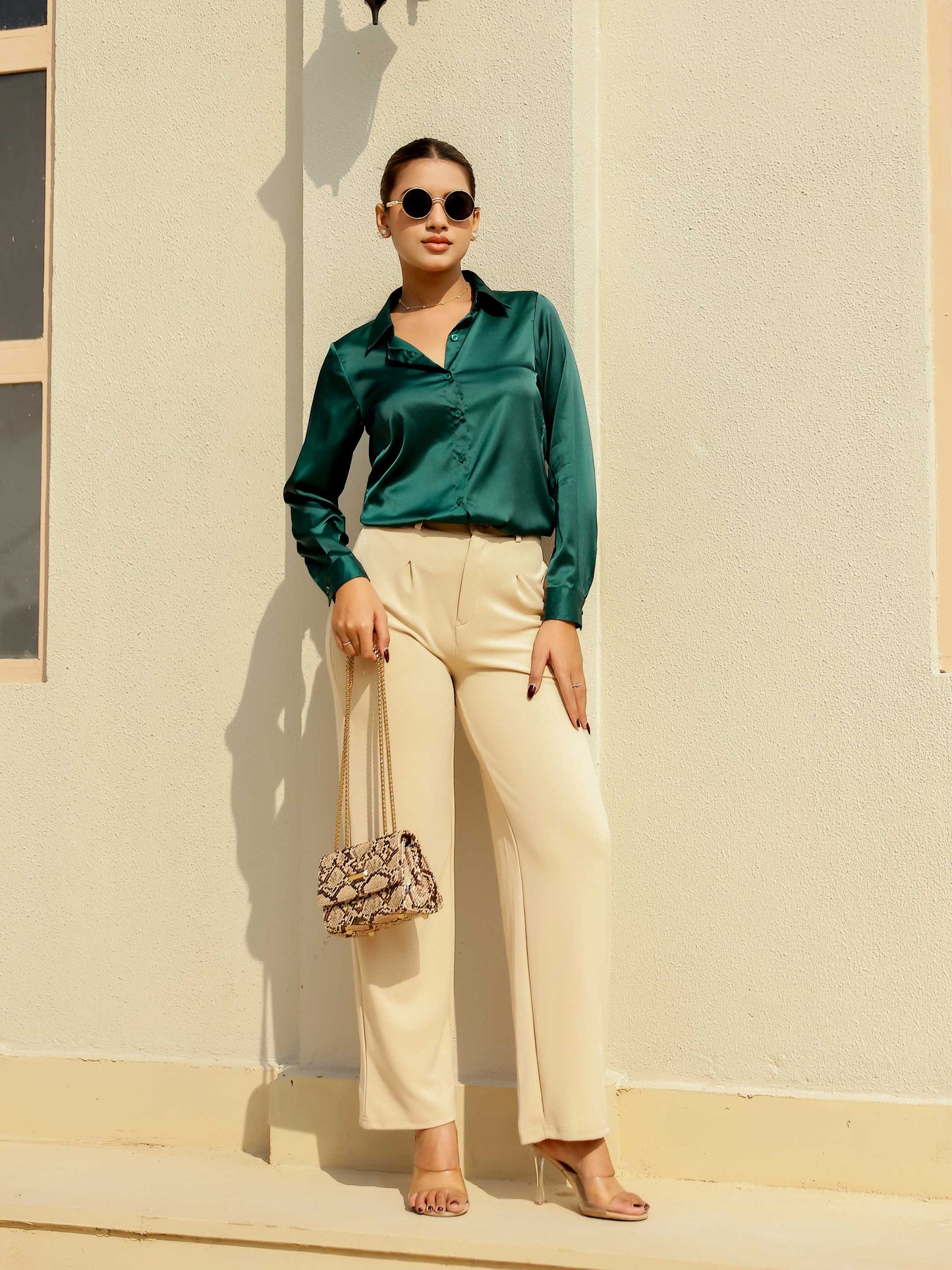 Emerald Green Satin Full Sleeves Cuffed Shirt