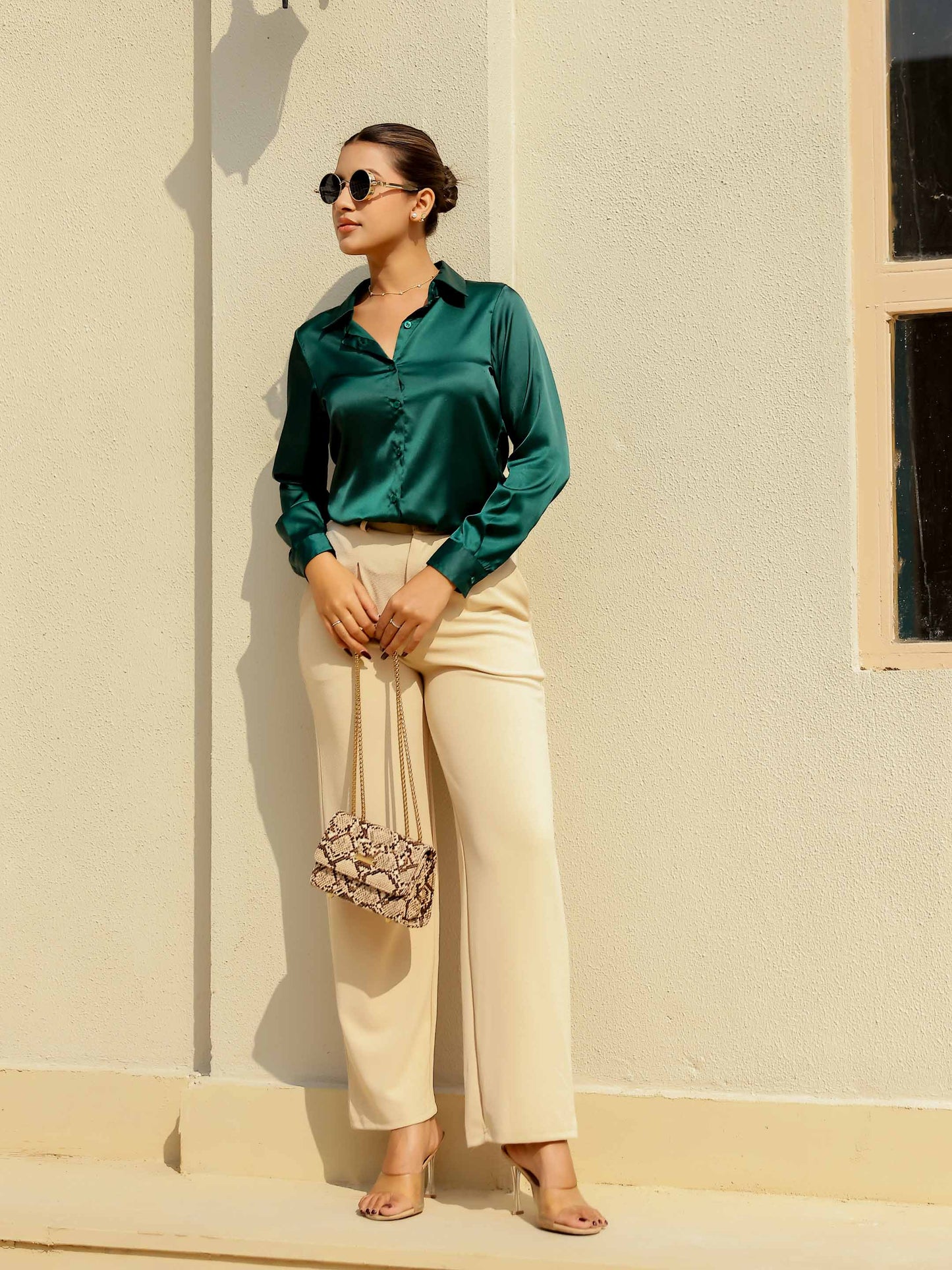 Emerald Green Satin Full Sleeves Cuffed Shirt