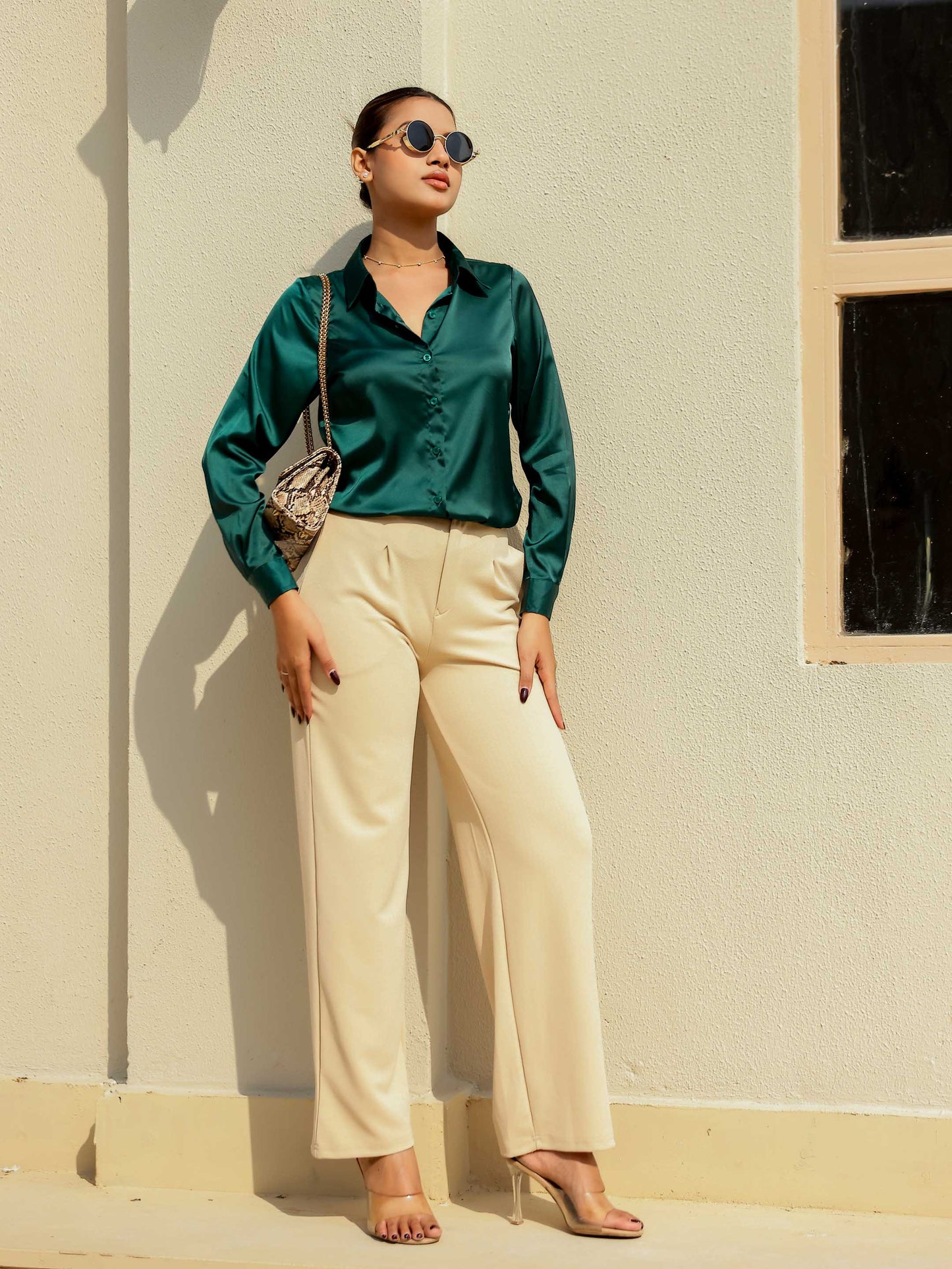 Emerald Green Satin Full Sleeves Cuffed Shirt