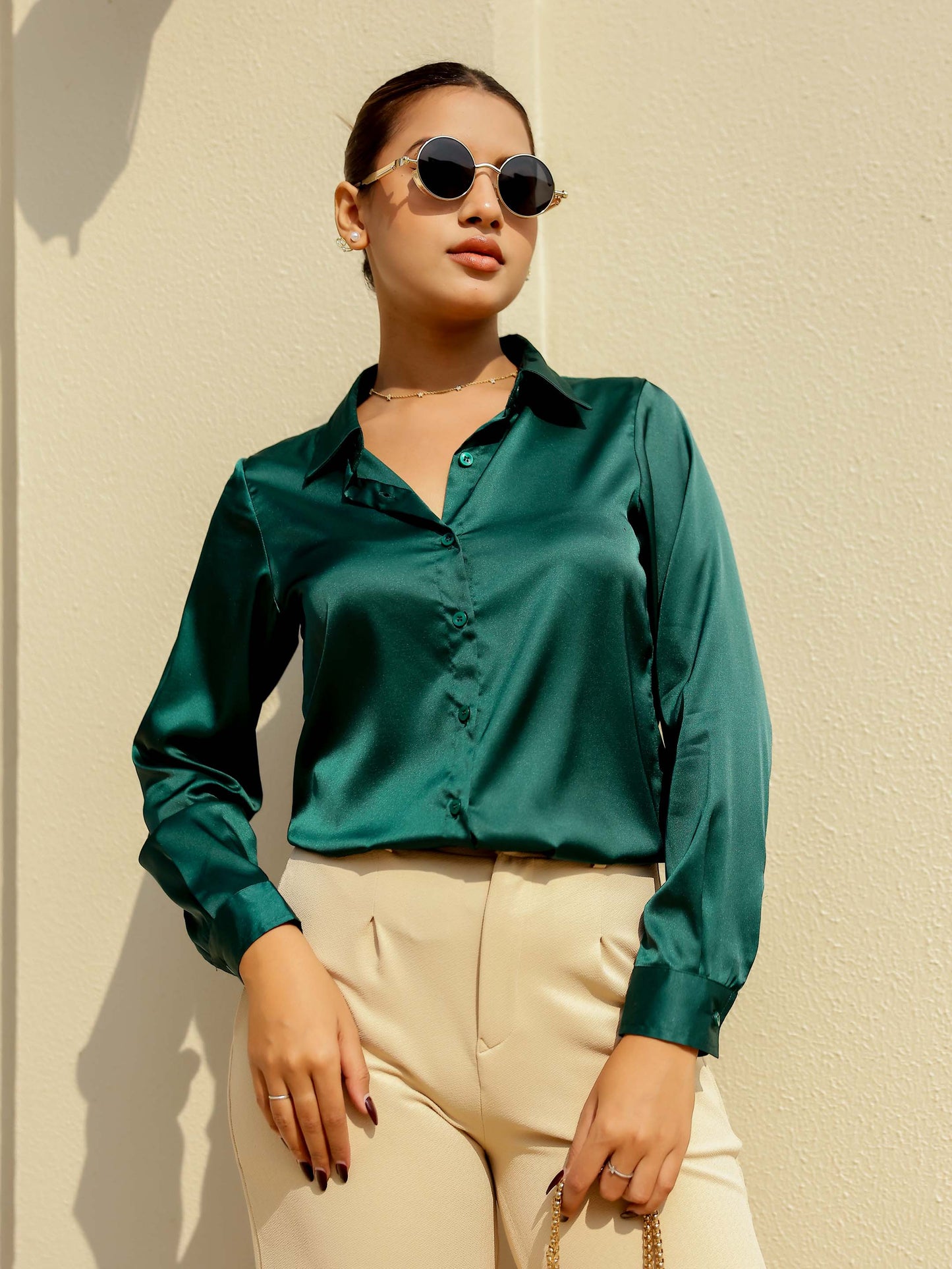 Emerald Green Satin Full Sleeves Cuffed Shirt