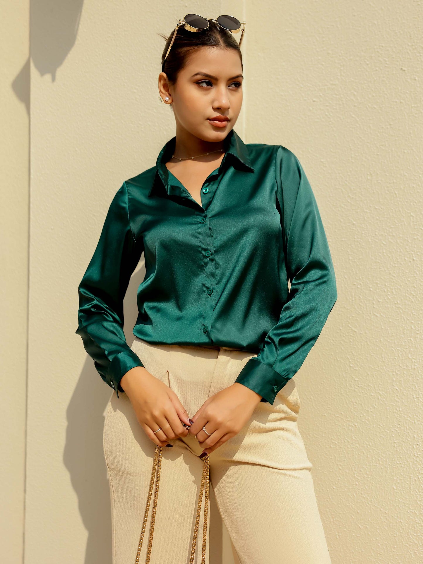 Emerald Green Satin Full Sleeves Cuffed Shirt