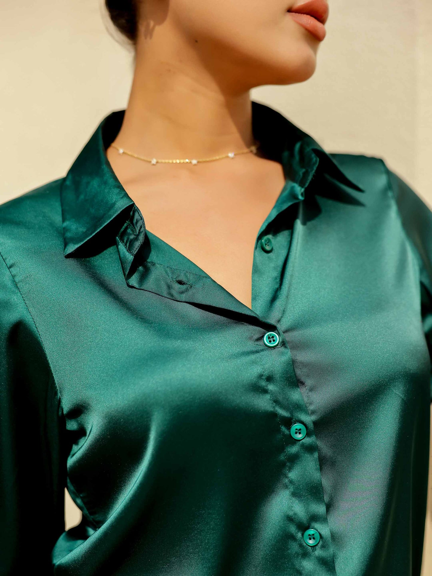 Emerald Green Satin Full Sleeves Cuffed Shirt