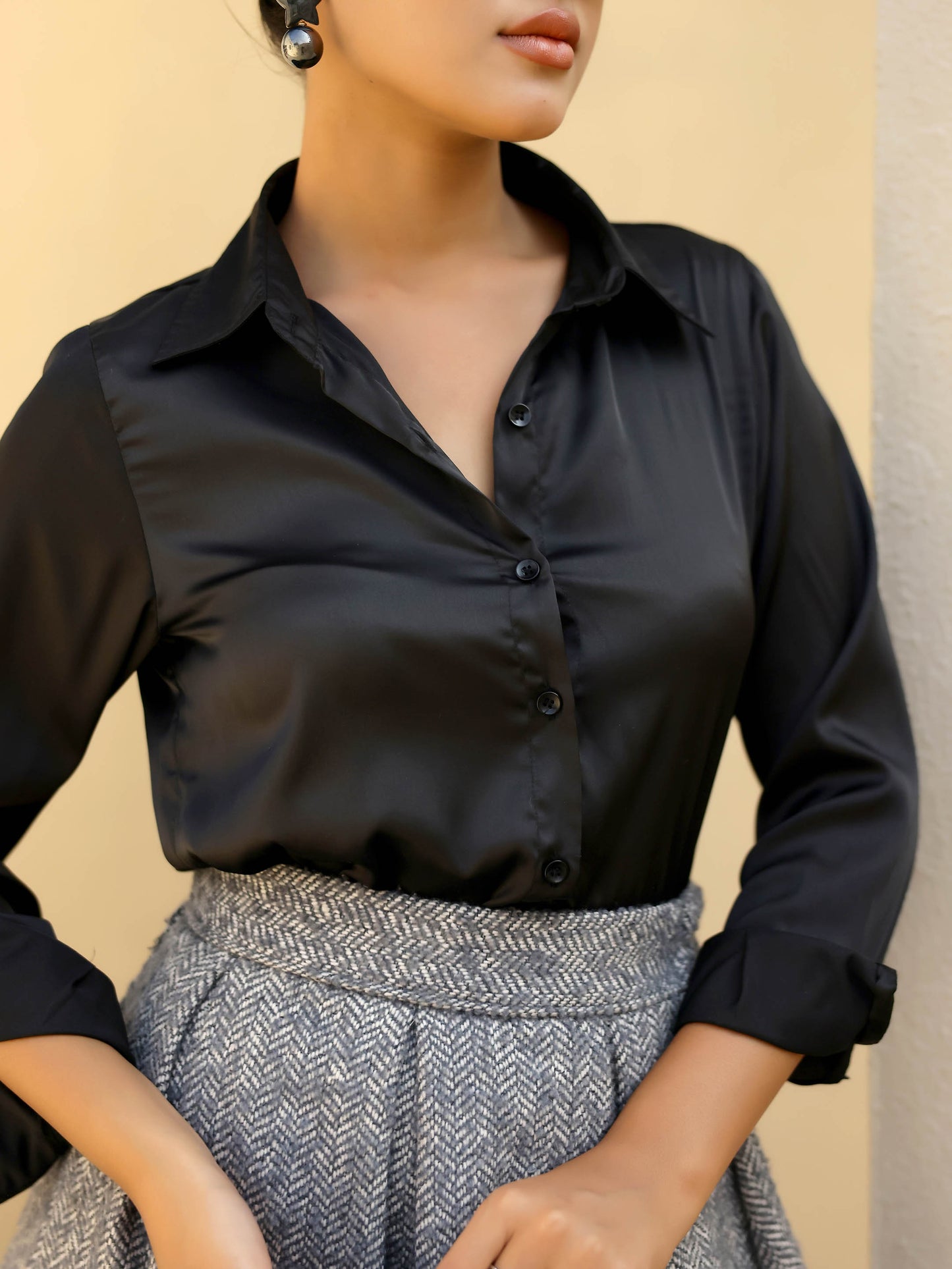 Black Satin Full Sleeves Cuffed Shirt