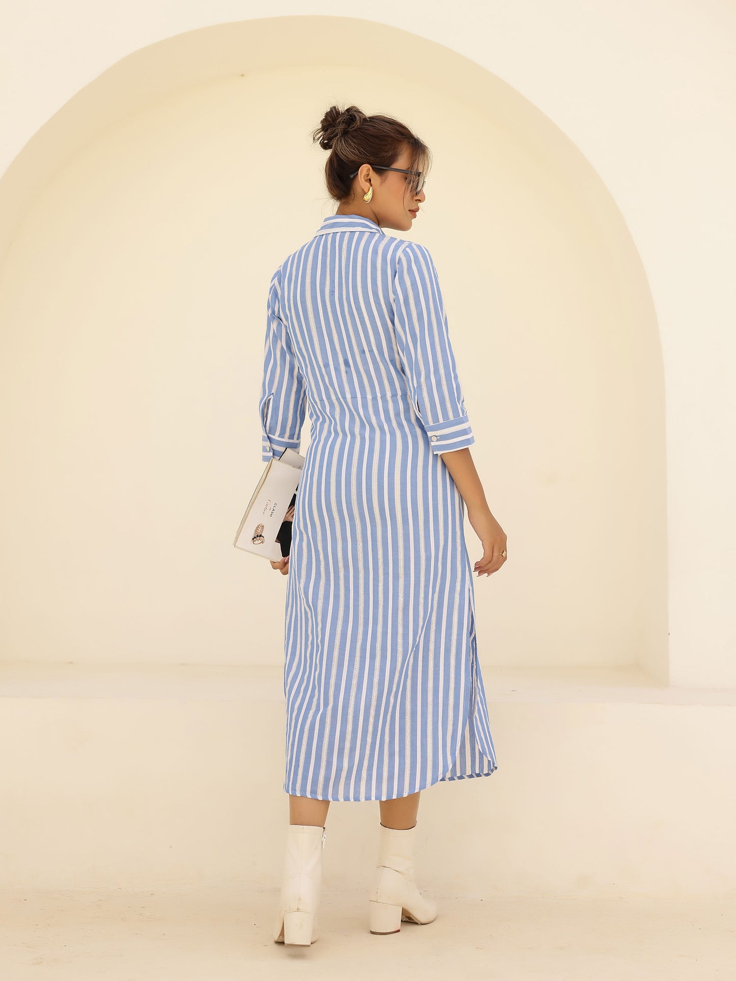Blue & White Striped Lace Design Fitted Side Slit Shirt Dress
