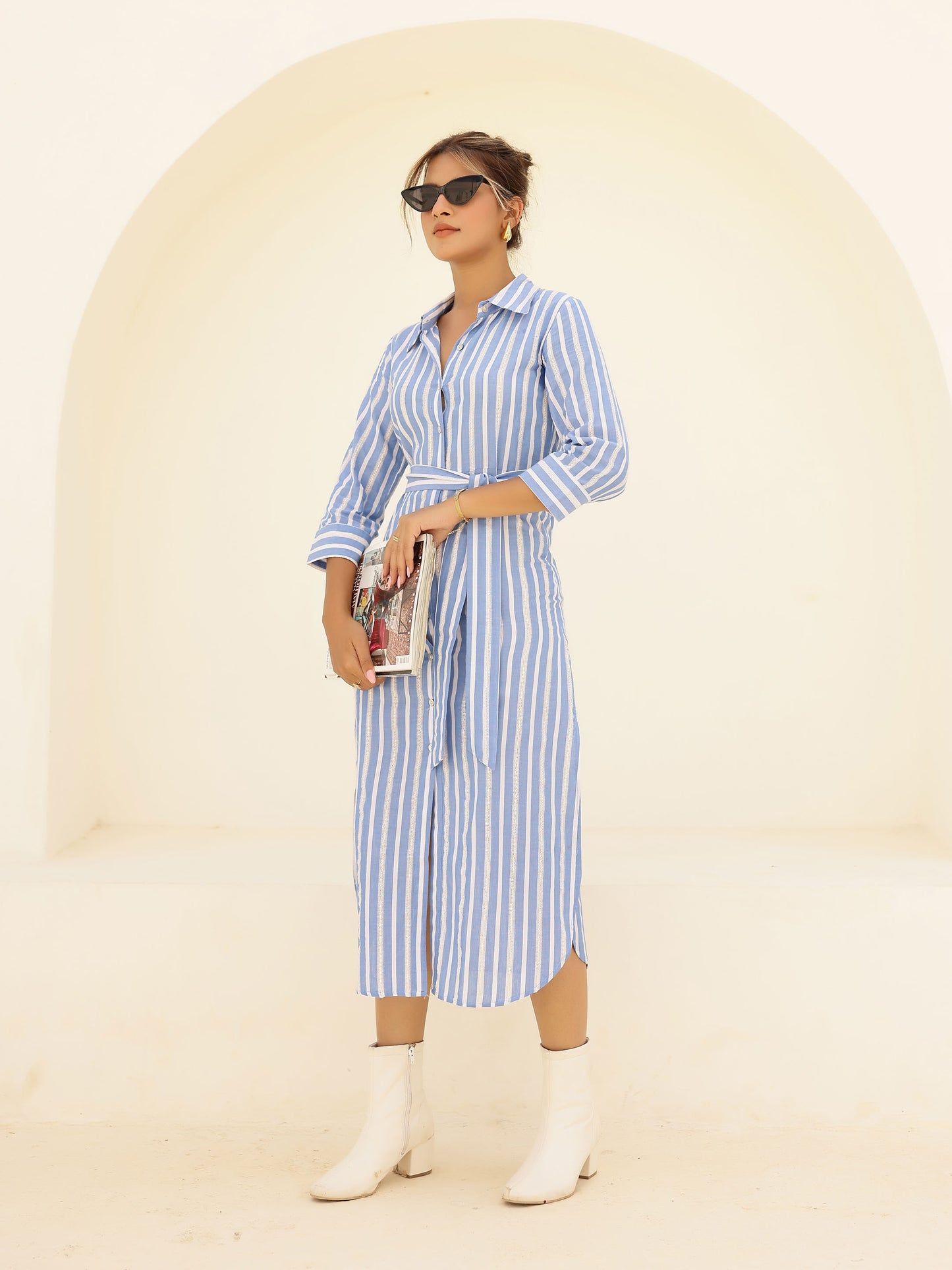 Blue & White Striped Lace Design Fitted Side Slit Shirt Dress