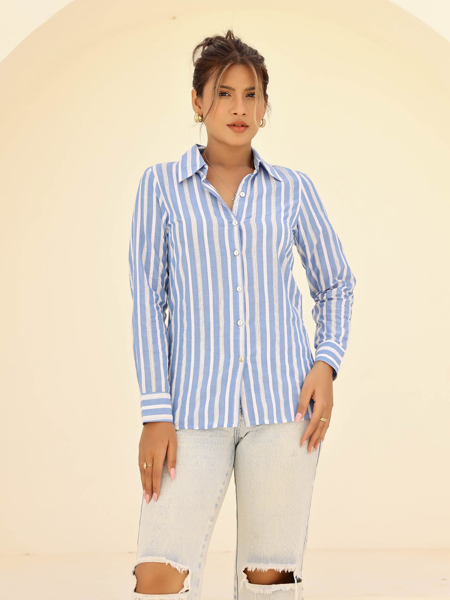 Blue & White Striped Lace Design Shirt