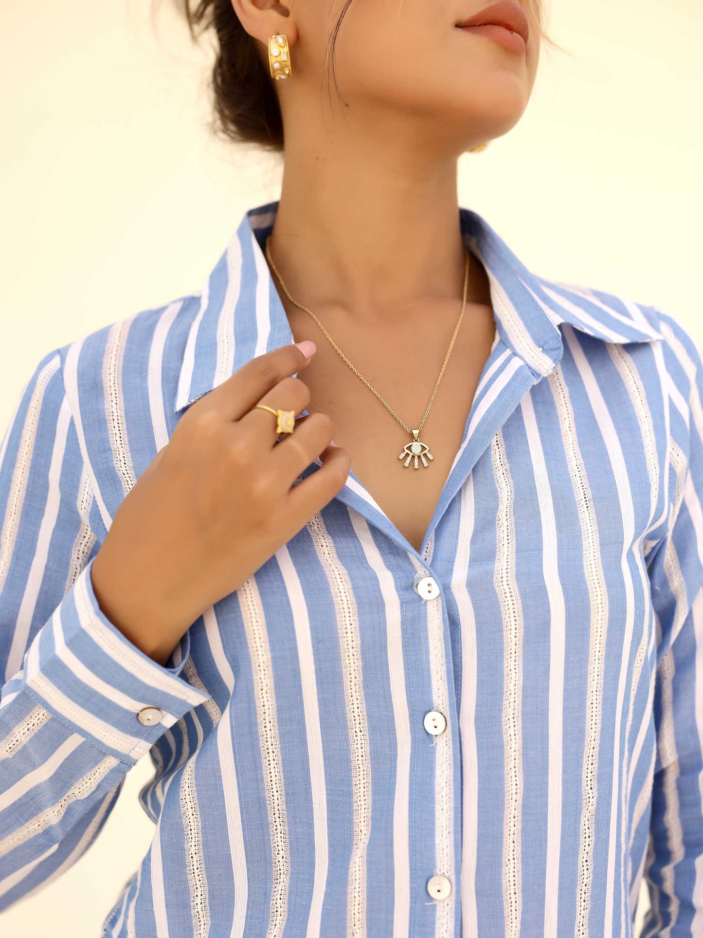 Blue & White Striped Lace Design Shirt