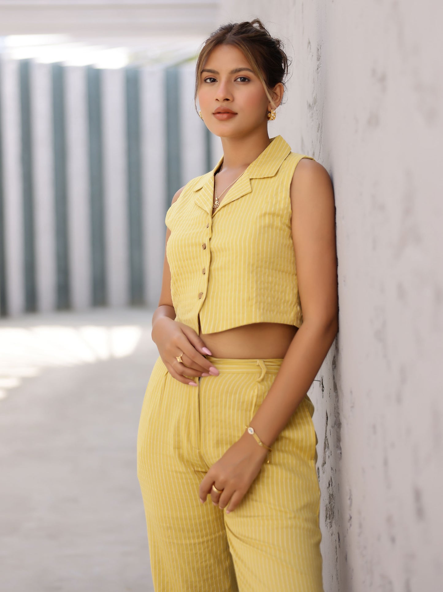 Yellow Striped Design Waistcoat Style Top & Pant Set
