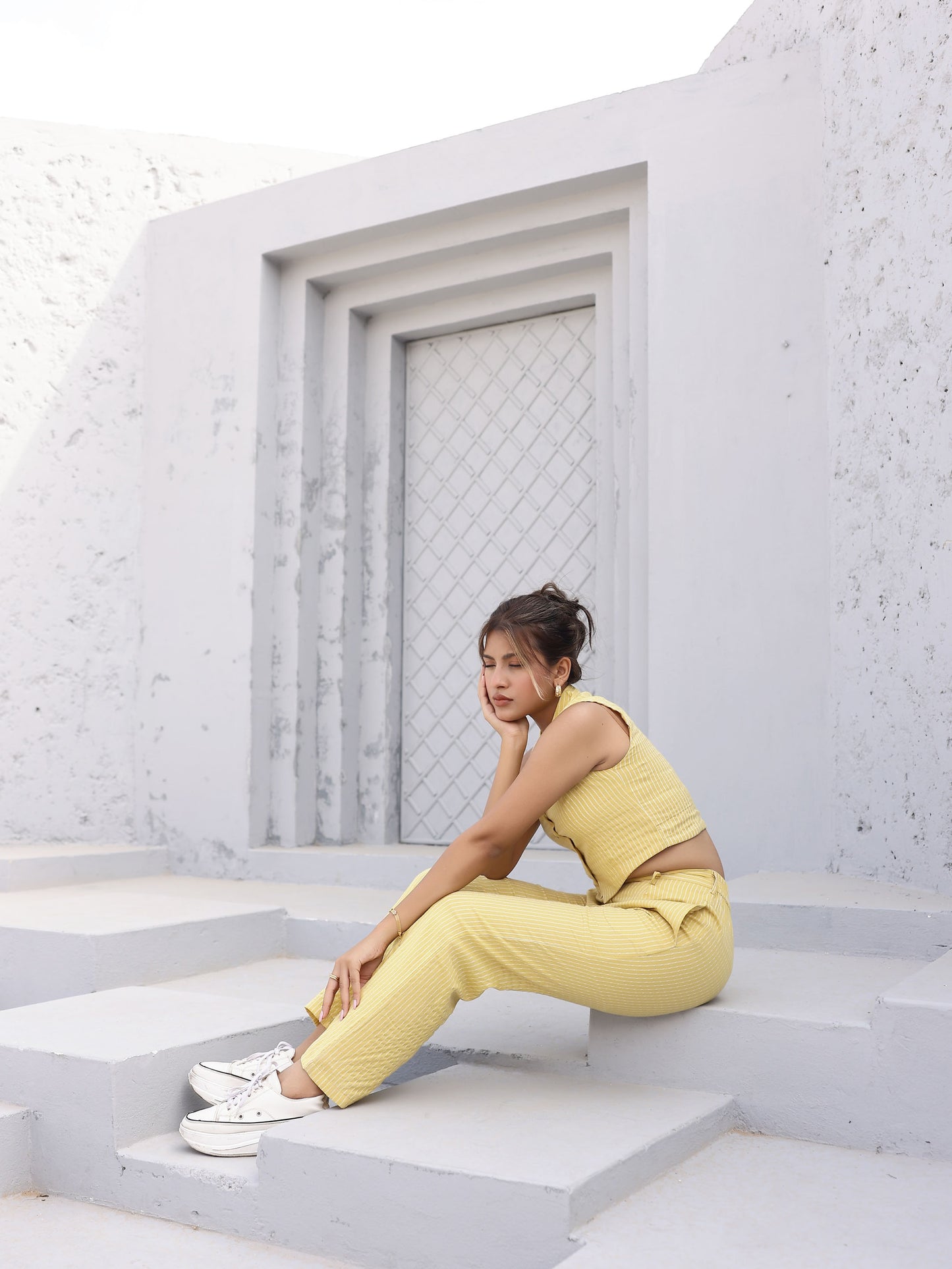 Yellow Striped Design Waistcoat Style Top & Pant Set