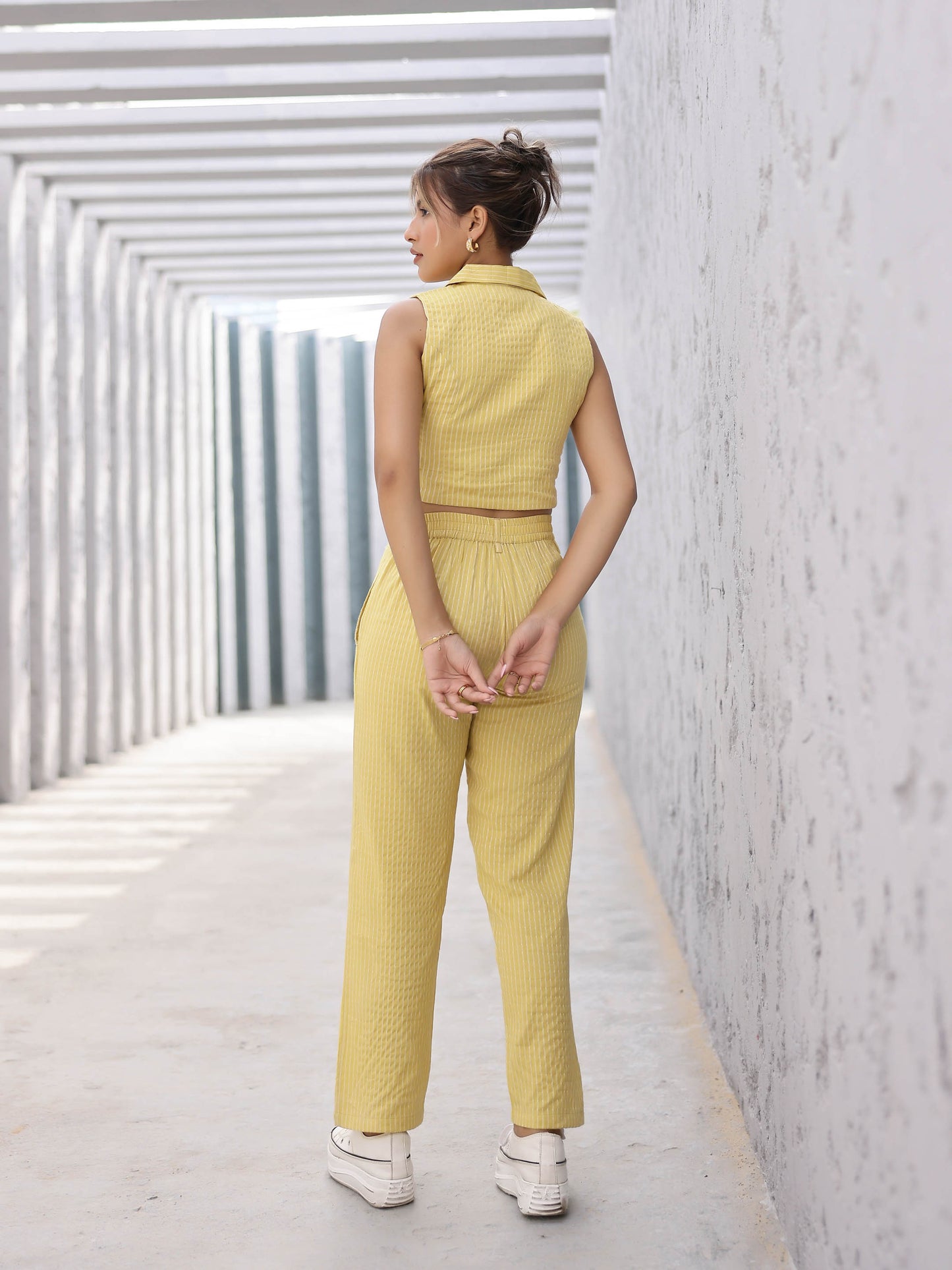 Yellow Striped Design Waistcoat Style Top & Pant Set
