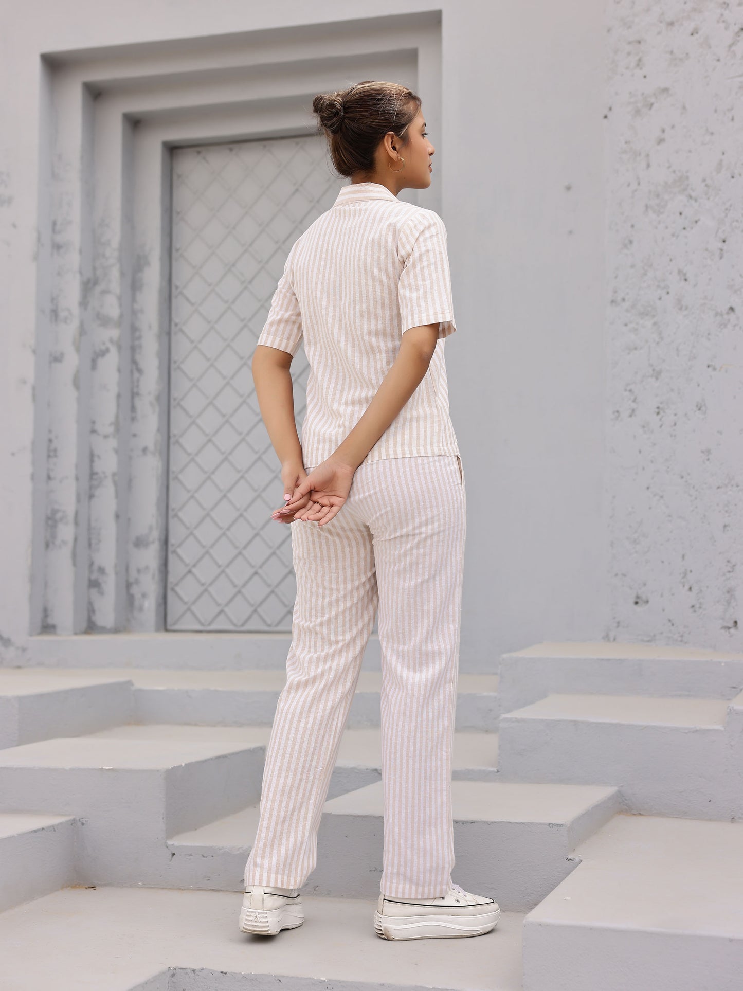 Beige Striped High Waisted Pleated Pant