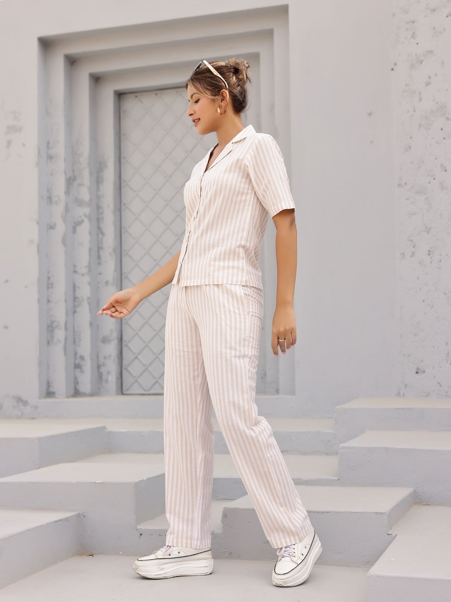 Beige Striped High Waisted Pleated Pant