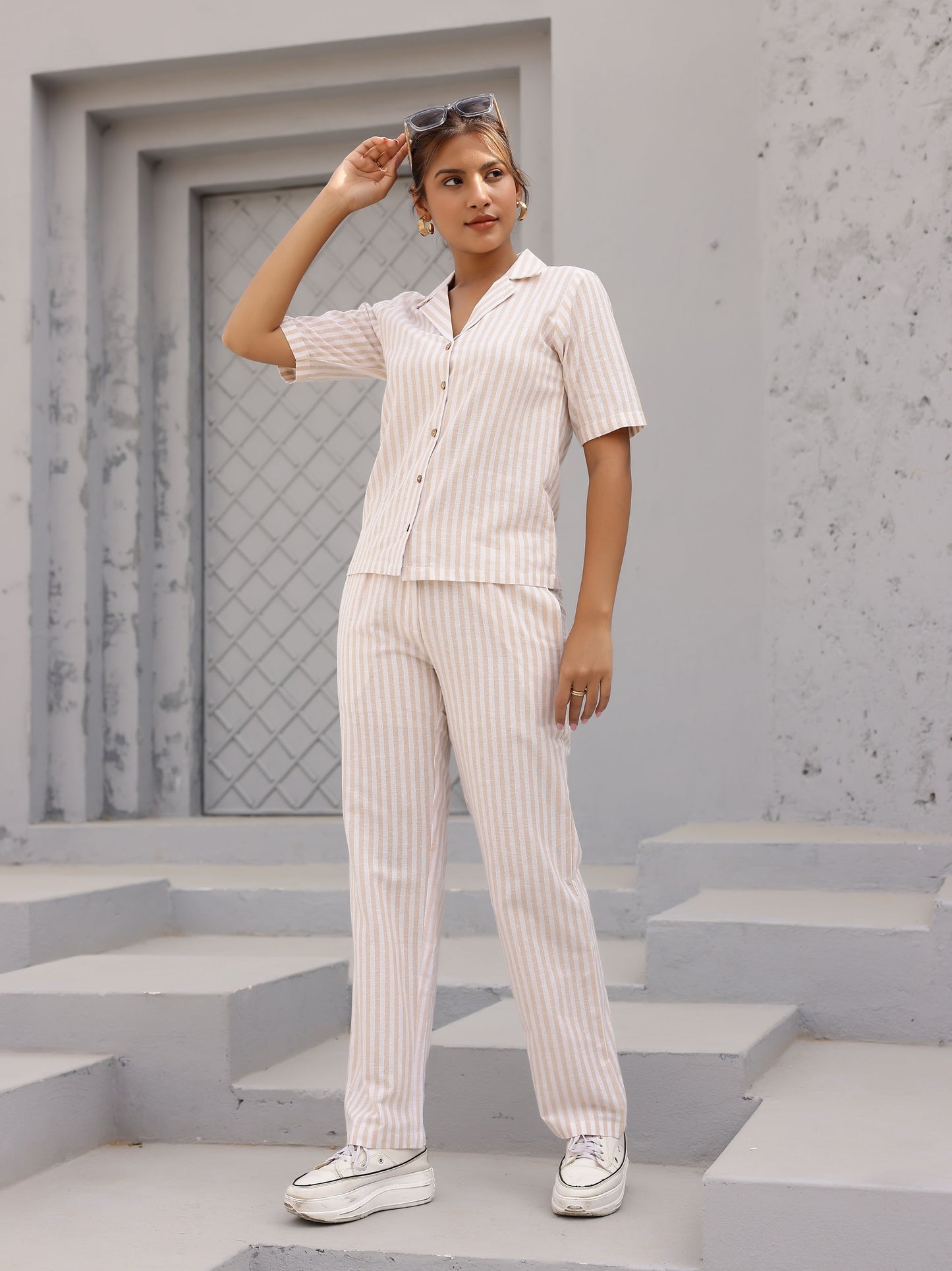 Beige Striped High Waisted Pleated Pant