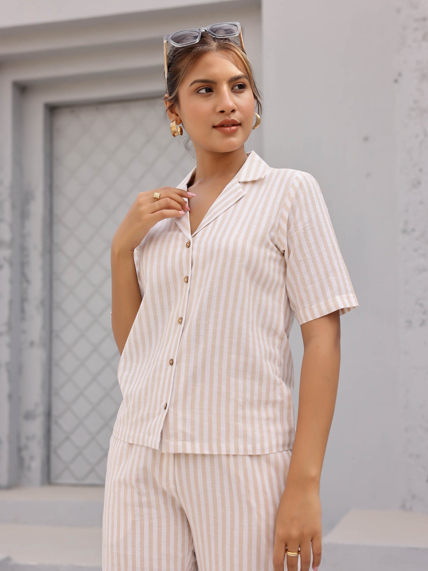 Beige Striped 2 Piece Co-ord Set