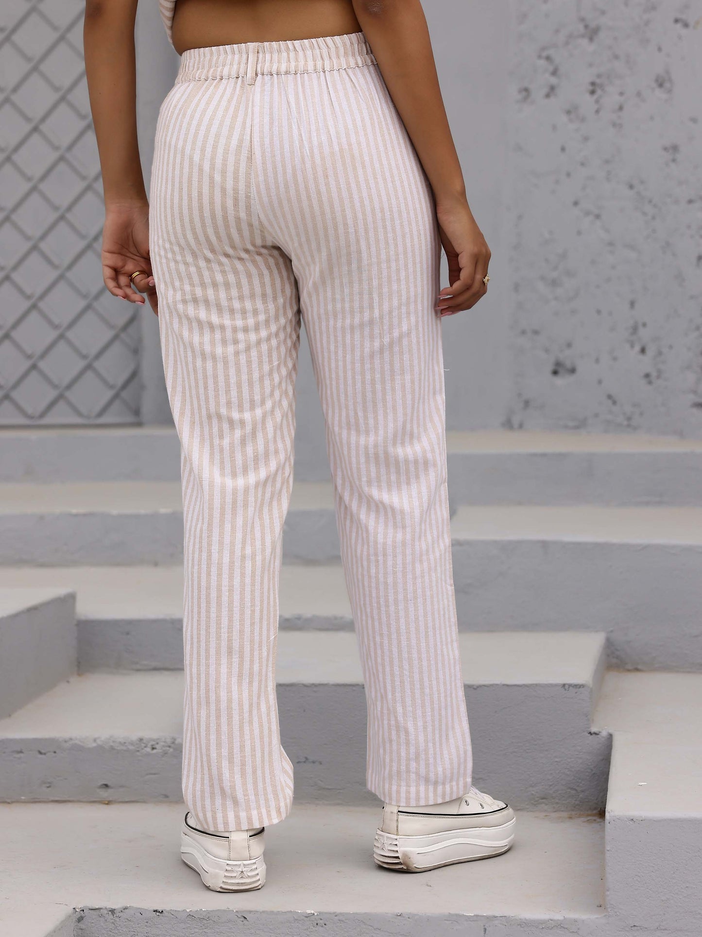 Beige Striped High Waisted Pleated Pant