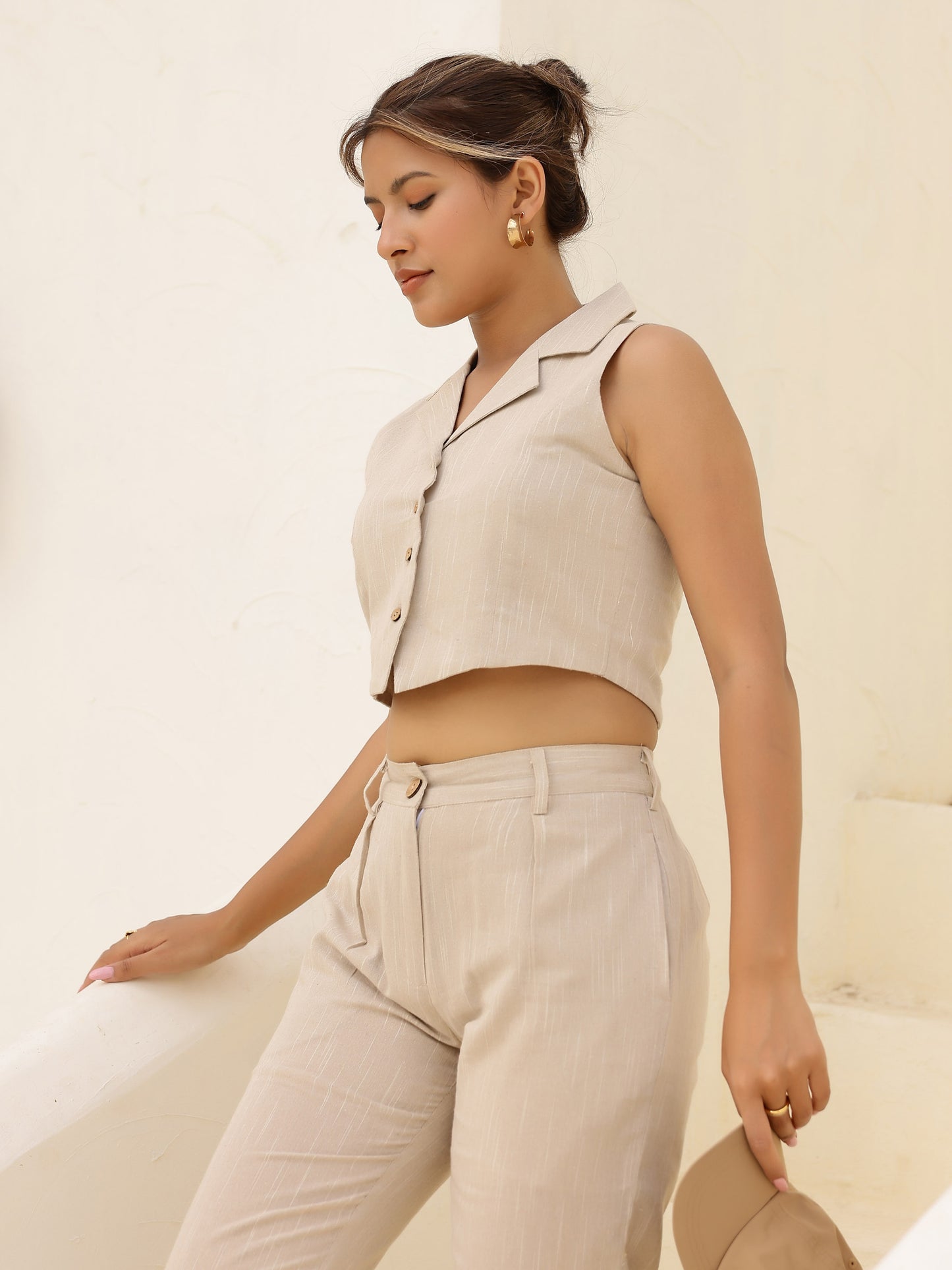 Beige Waistcoat Style Top & Pant Set