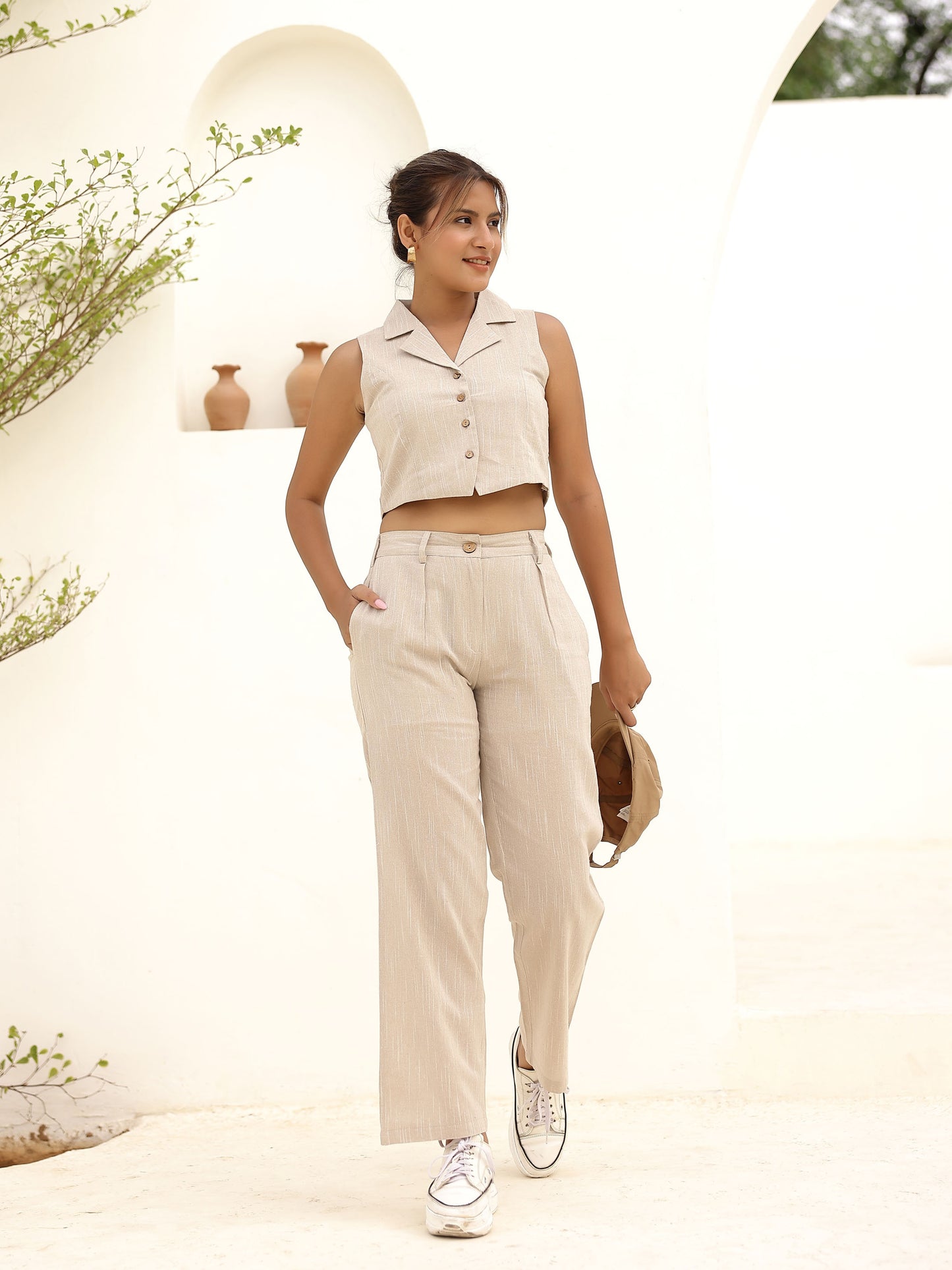 Beige Waistcoat Style Top & Pant Set