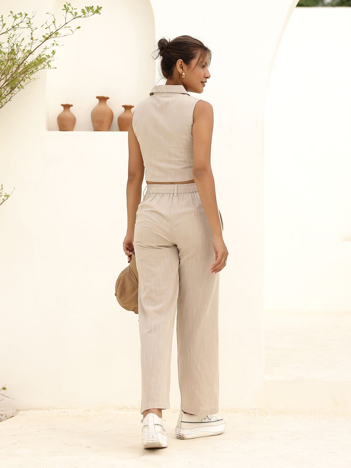 Beige Waistcoat Style Top & Pant Set
