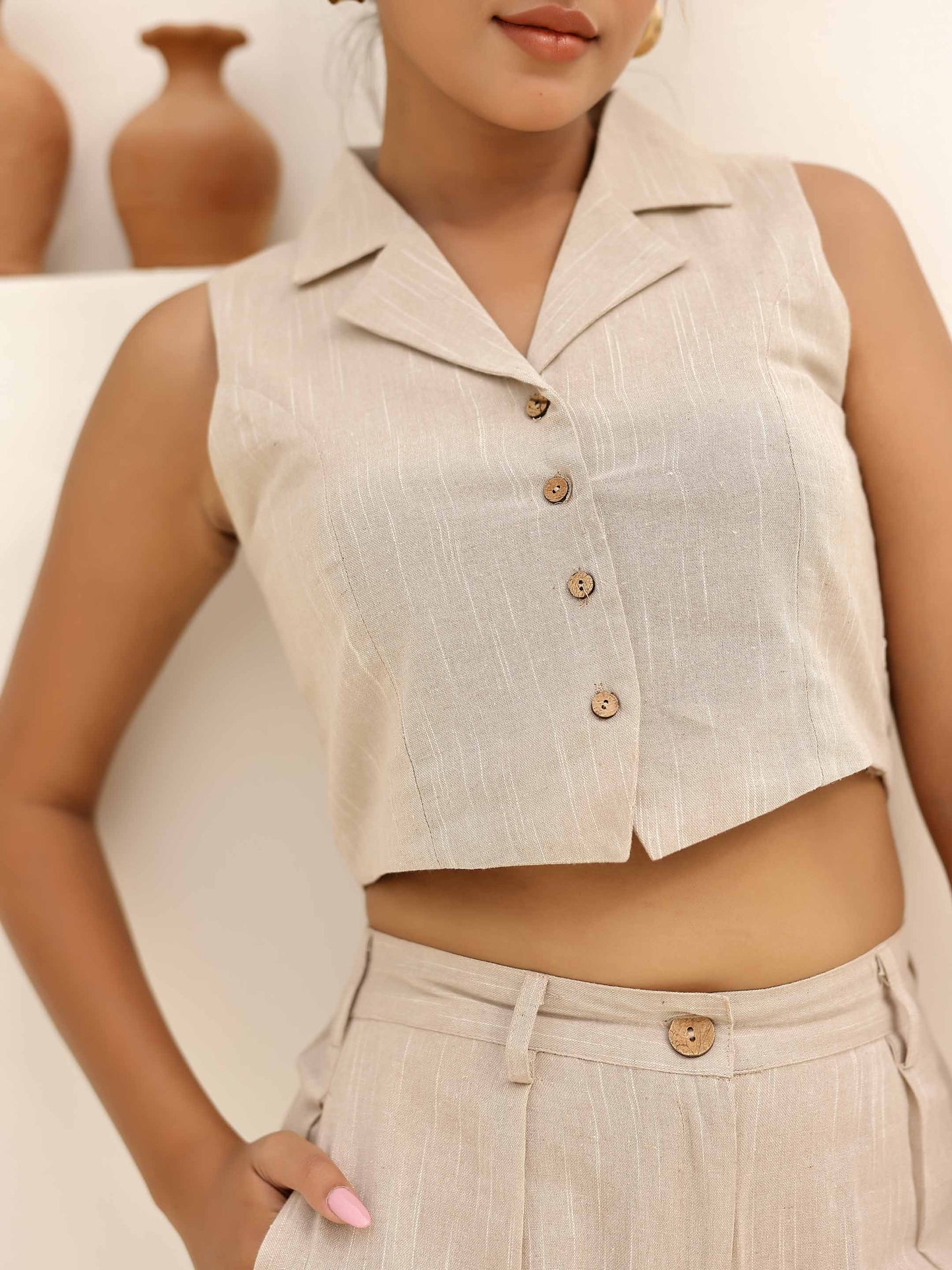 Beige Waistcoat Style Top & Pant Set