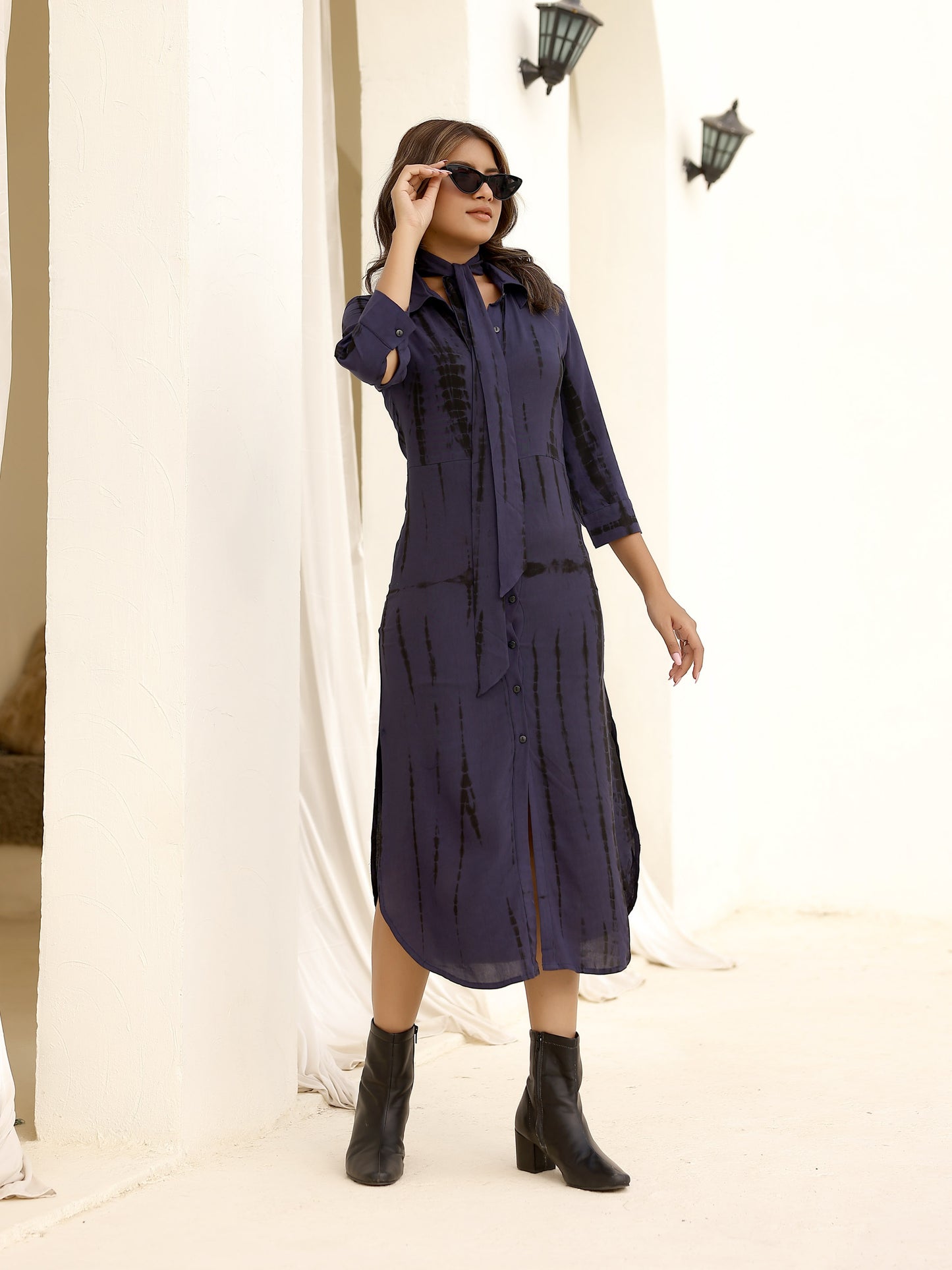 Navy Shibori Tie dye Fitted Side Slit Shirt Dress