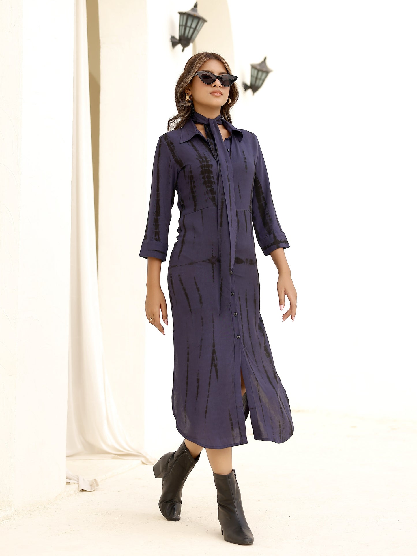 Navy Shibori Tie dye Fitted Side Slit Shirt Dress