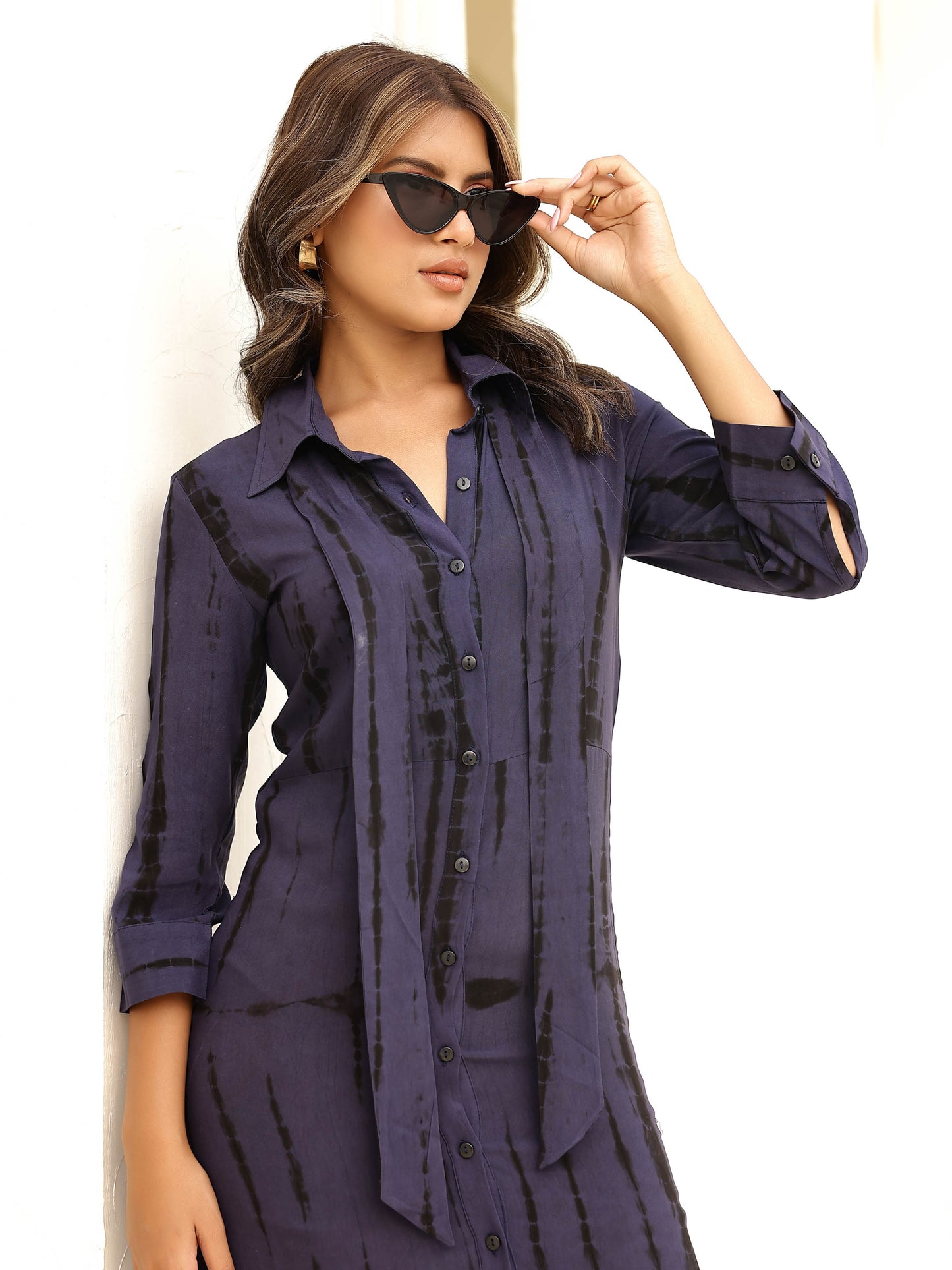 Navy Shibori Tie dye Fitted Side Slit Shirt Dress