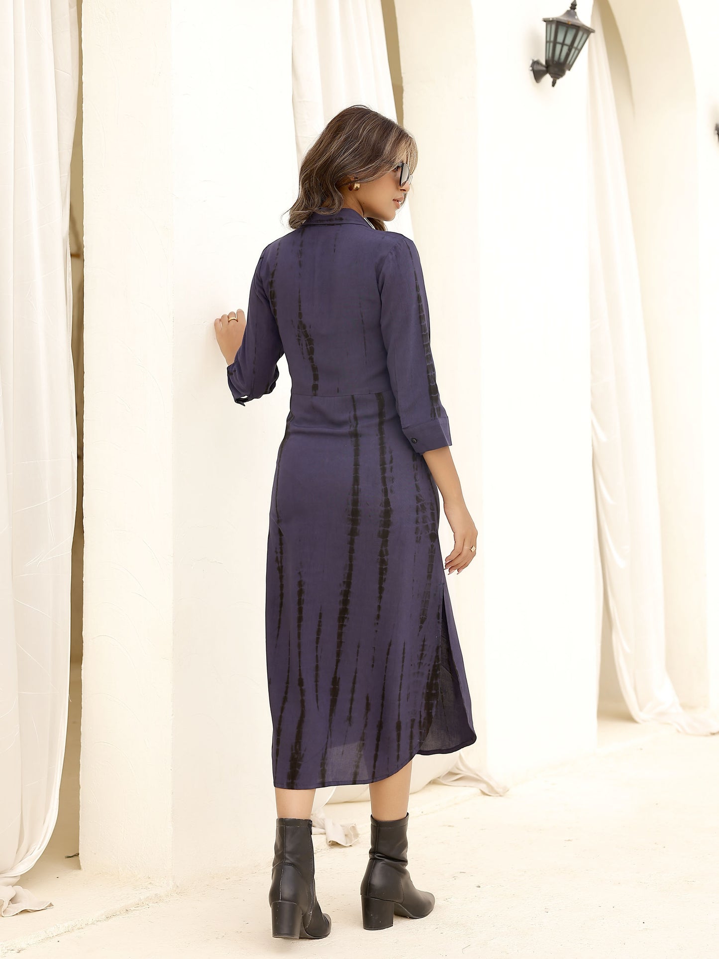 Navy Shibori Tie dye Fitted Side Slit Shirt Dress