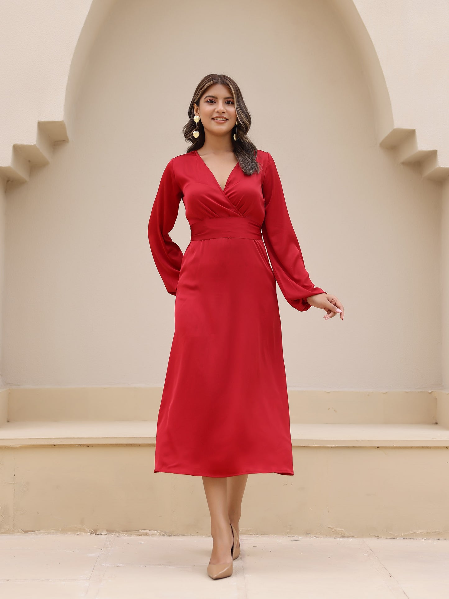 Red Satin Long Sleeve Maxi Dress