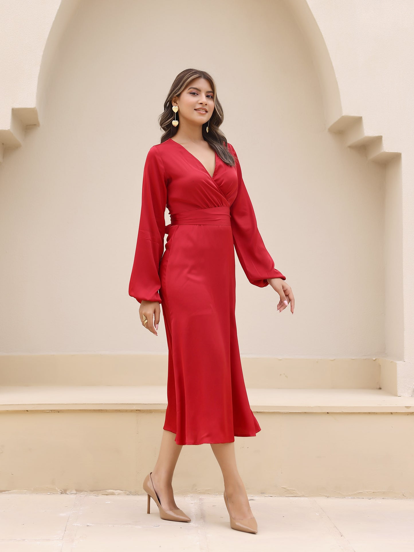 Red Satin Long Sleeve Maxi Dress