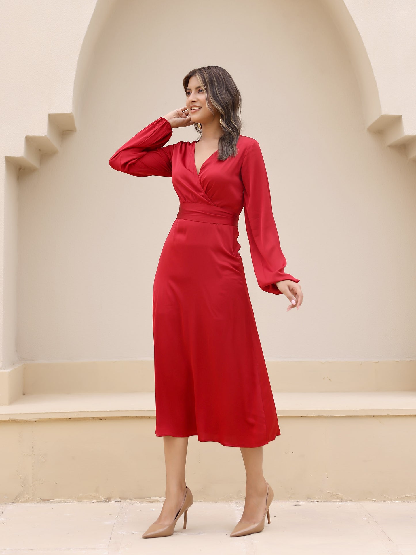 Red Satin Long Sleeve Maxi Dress