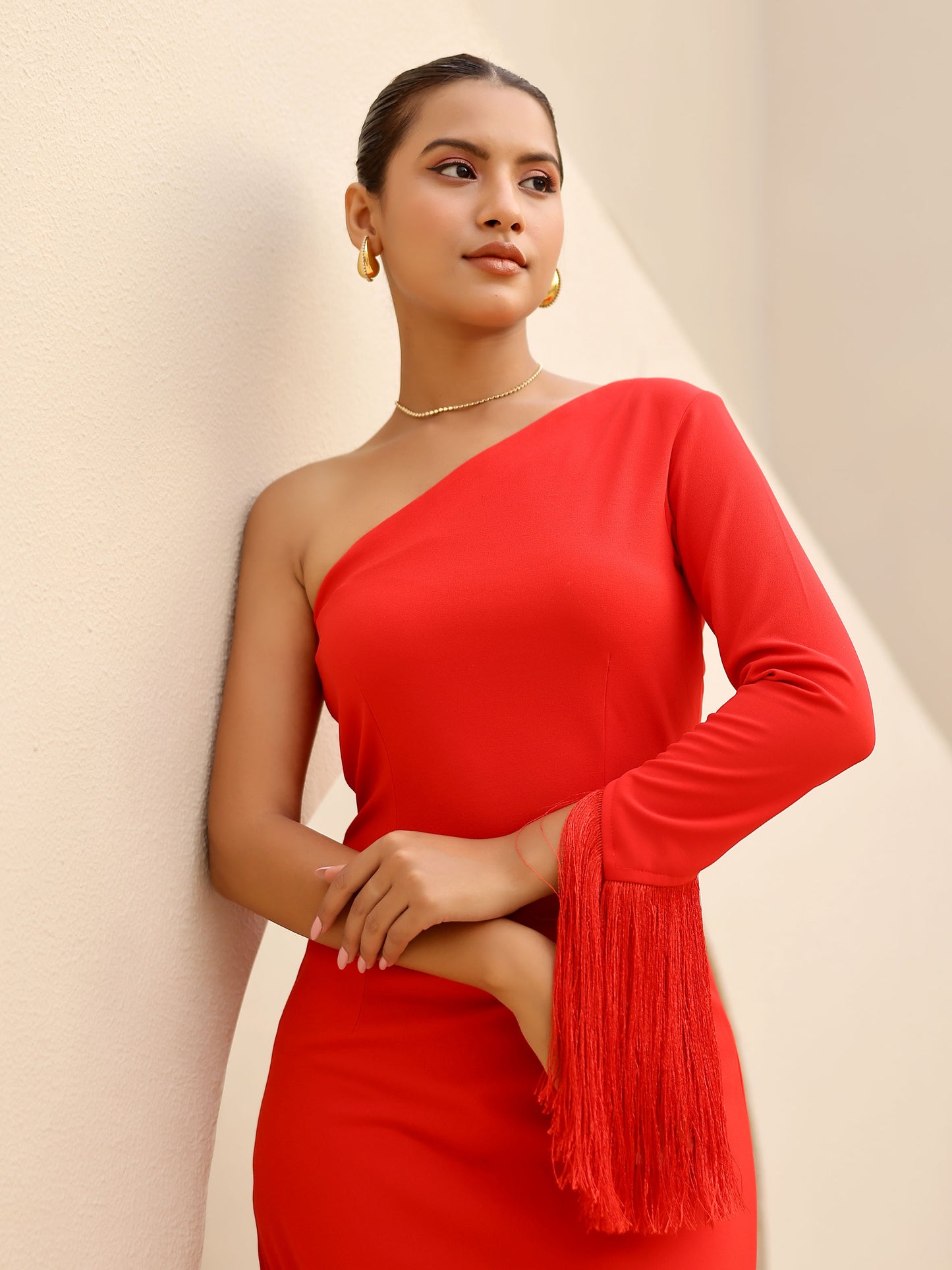 Red Aventador Fringed One-Shoulder Midi Dress