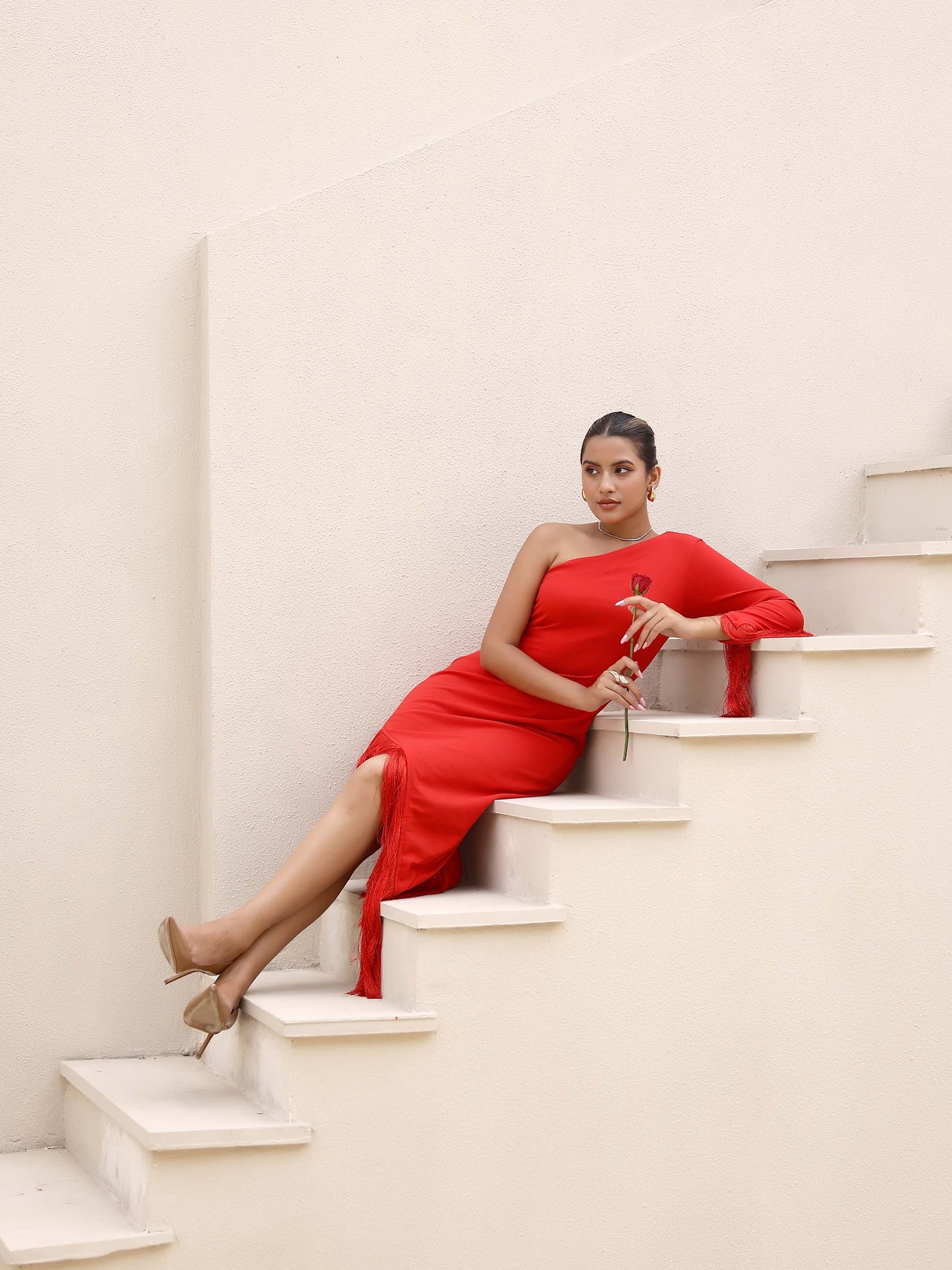 Red Aventador Fringed One-Shoulder Midi Dress