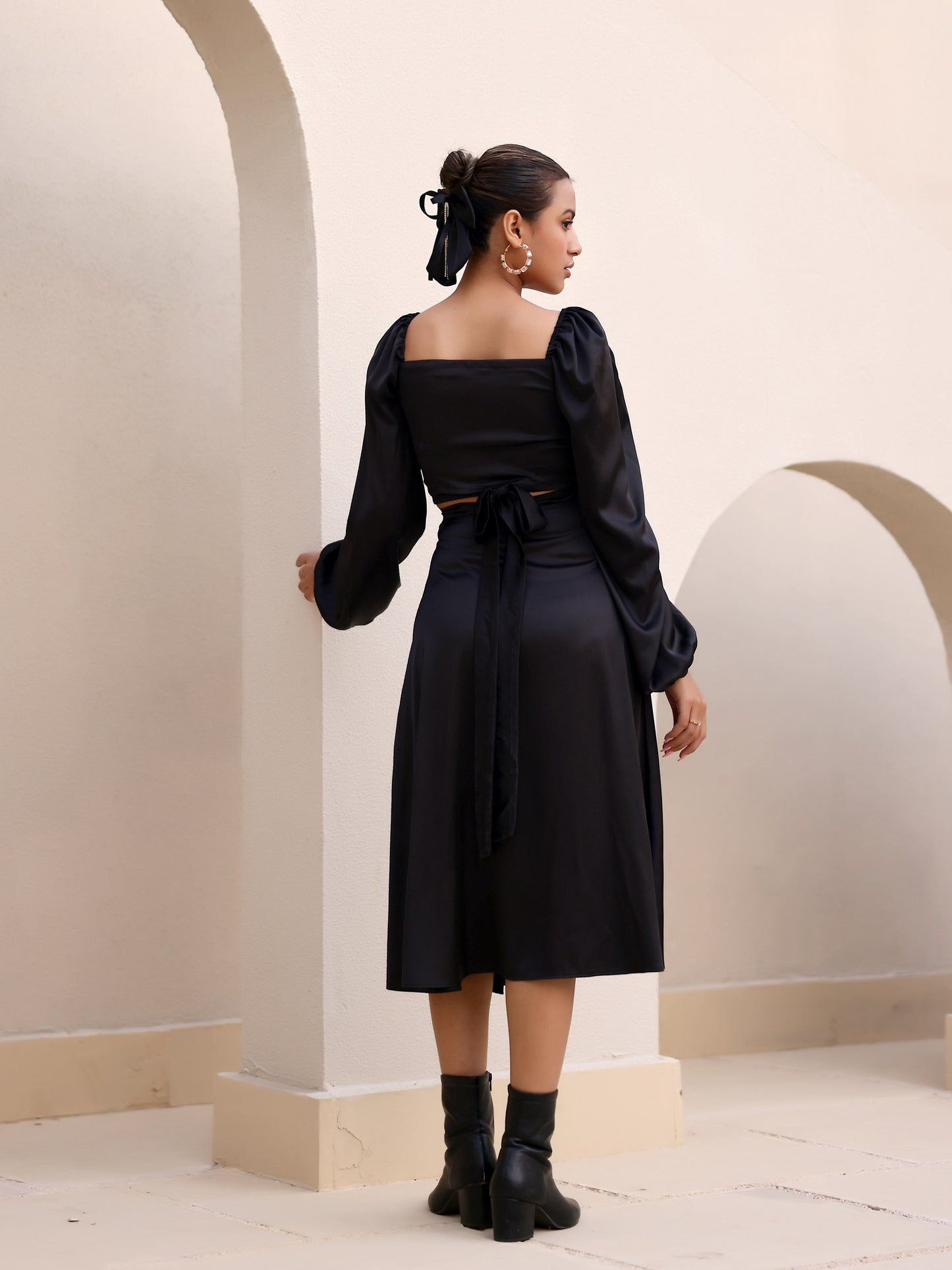 Black Wrap Around Full Sleeve Crop Top & Slit Skirt