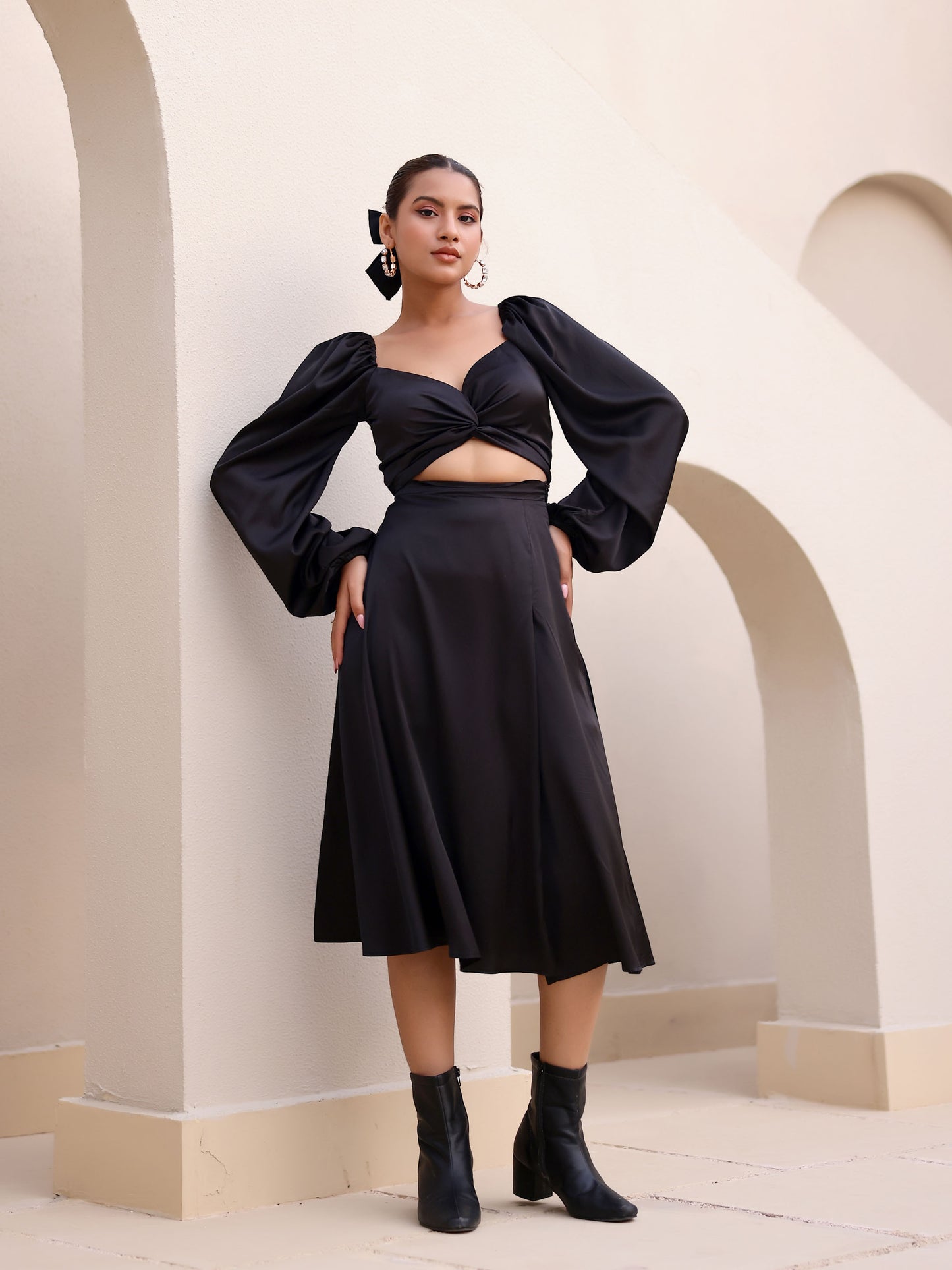 Black Wrap Around Full Sleeve Crop Top & Slit Skirt
