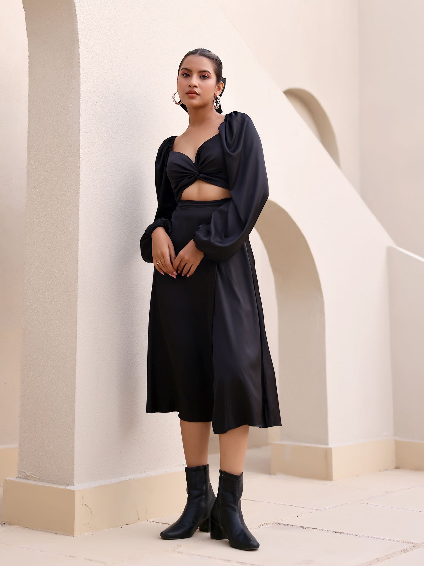 Black Wrap Around Full Sleeve Crop Top & Slit Skirt